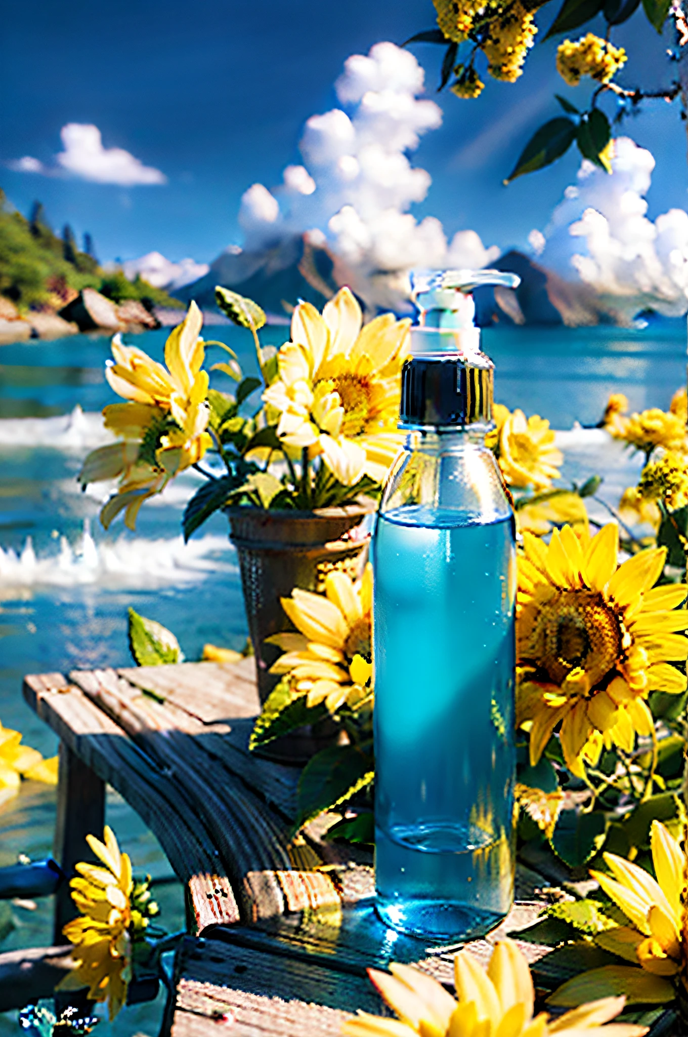 Hyper realistic scene, cosmetic bottle surrounded by yellow flowers, blue sky background, water, sunlight, low angle view, blender, product rendering, HD 8K. --v6