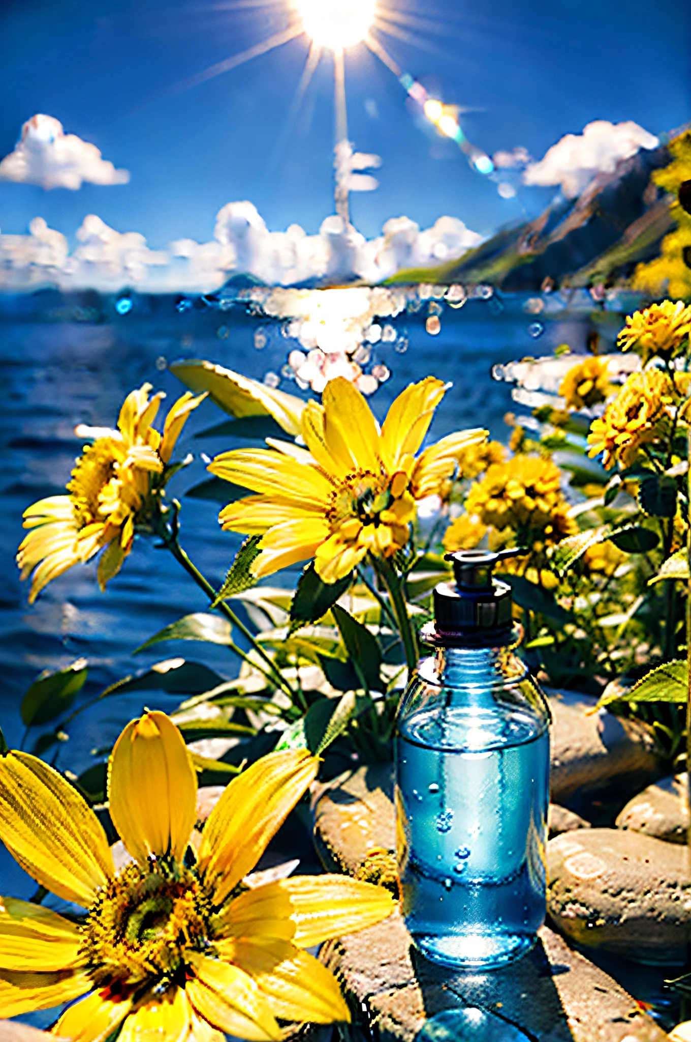 Hyper realistic scene, cosmetic bottle surrounded by yellow flowers, blue sky background, water, sunlight, low angle view, blender, product rendering, HD 8K. --v6