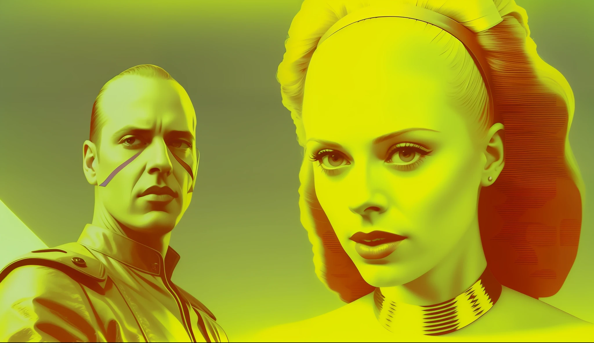a man and a woman (Natasha Lyonne) standing next to each other, a comic book panel by Ed Paschke, trending on cg society, de stijl, reimagined by industrial light and magic, renaissance painting, movie poster