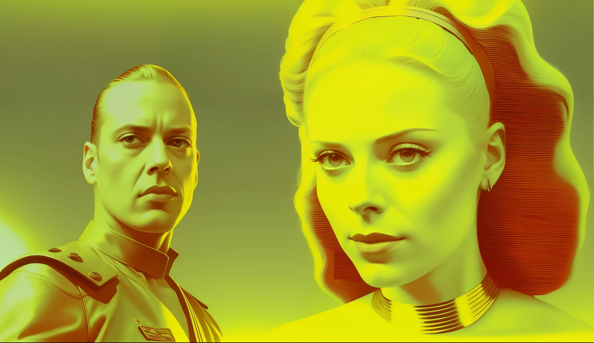a man and a woman (Natasha Lyonne) standing next to each other, a comic book panel by Ed Paschke, trending on cg society, de stijl, reimagined by industrial light and magic, renaissance painting, movie poster
