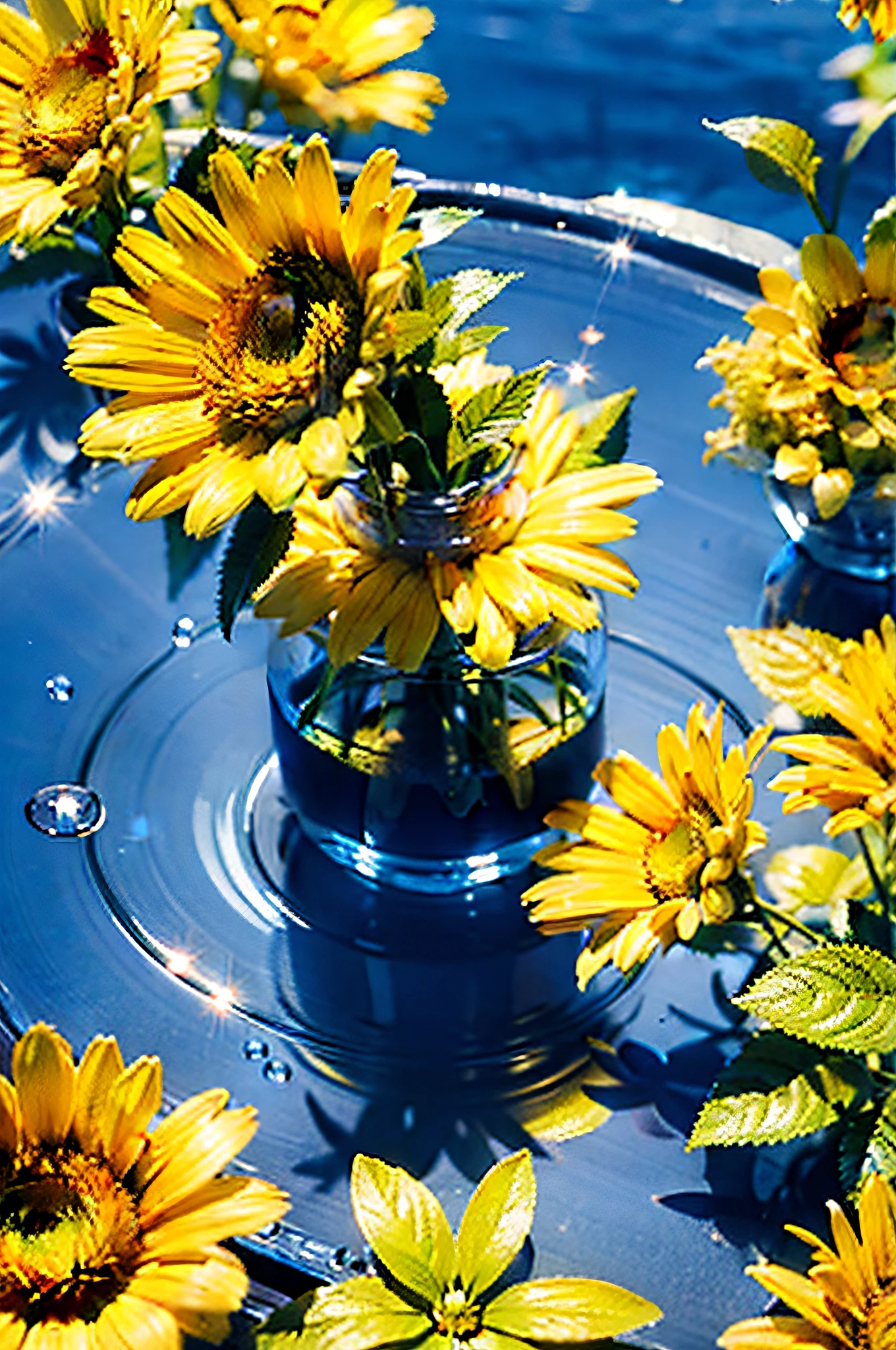 Hyper realistic scene, cosmetic bottle surrounded by yellow flowers, blue sky background, water, sunlight, low angle view, blender, product rendering, HD 8K. --v6