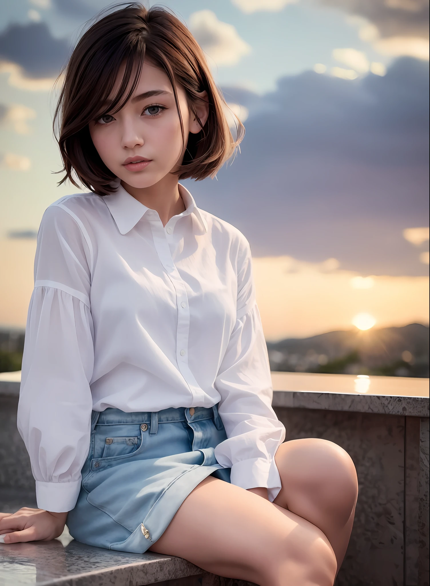 (8k, top quality, masterpiece: 1.2), (realistic, photorealistic: 1.37), ultra detailed, girl 1 person, cute, alone, beautiful detailed sky, detailed café, night, sitting, date, (blush), (smile: 1.15),(closed)small,beautiful fine eyes,(shirt with collar:1.1),16yo,white lace,(short hair:1.2),floating hair NovaFrogStyle,