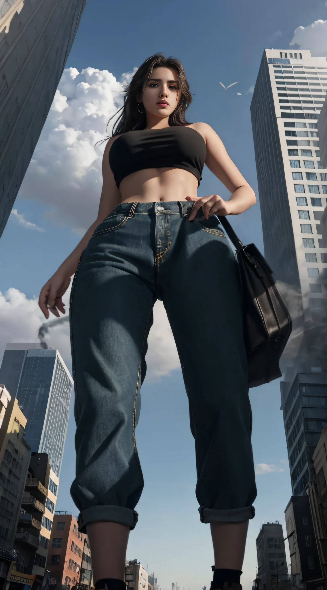 "A towering Giantess in a cool and laid-back hippie style is rocking a crop top and baggy pants. Her toned and athletic build hints at her massive strength. She seems to be casually strolling through the bustling cityscape of GTS City, as towering buildings loom overhead. Smoke and clouds roil around her, adding to the sense of epic scale and drama. The lighting is dark, gloomy, and realistic, creating a tense and ominous atmosphere. The perspective is from below, emphasizing the sheer majesty and power of the Giantess."