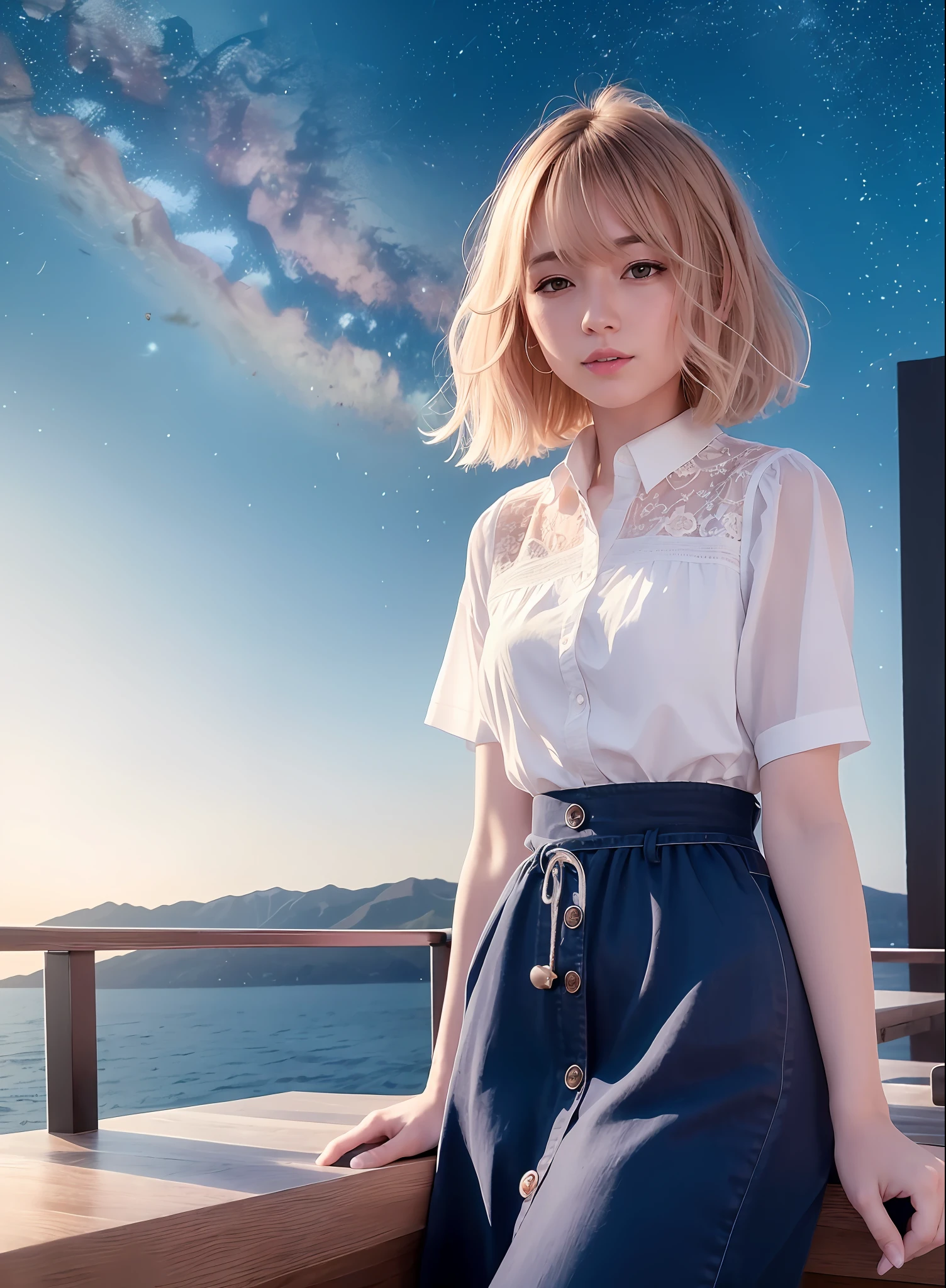 (8k, top quality, masterpiece: 1.2), (realistic, photorealistic: 1.37), ultra detailed, girl 1 person, cute, alone, beautiful detailed sky, detailed café, night, sitting, date, (blush), (smile: 1.15),(closed)small,beautiful fine eyes,(shirt with collar:1.1),,white lace,(short hair:1.2),floating hair NovaFrogStyle,