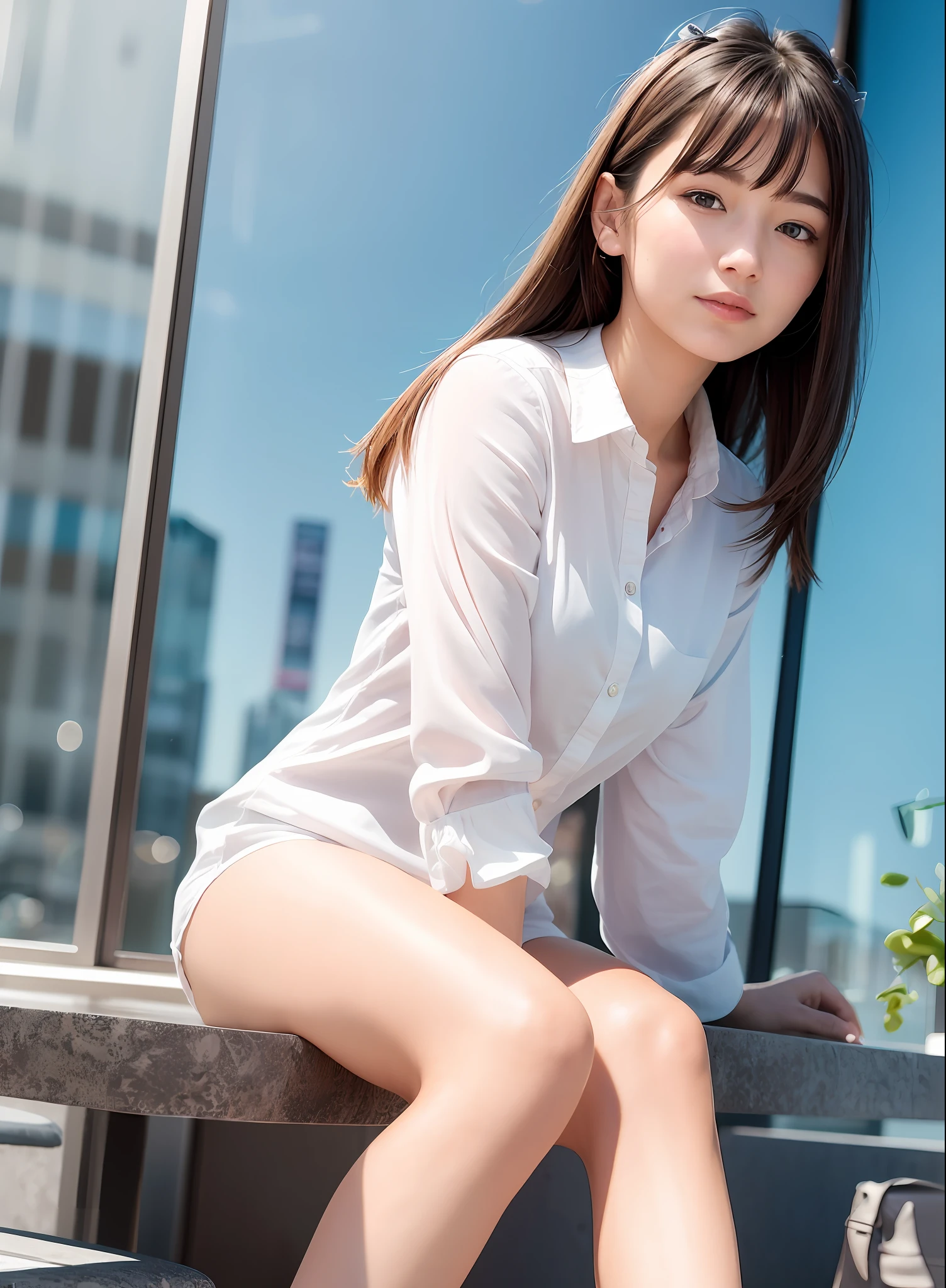 (8k, top quality, masterpiece: 1.2), (realistic, photorealistic: 1.37), ultra detailed, girl 1 person, cute, alone, beautiful detailed sky, detailed café, night, sitting, date, (blush), (smile: 1.15),(closed)small,beautiful fine eyes,(shirt with collar:1.1),,white lace,(short hair:1.2),floating hair NovaFrogStyle,