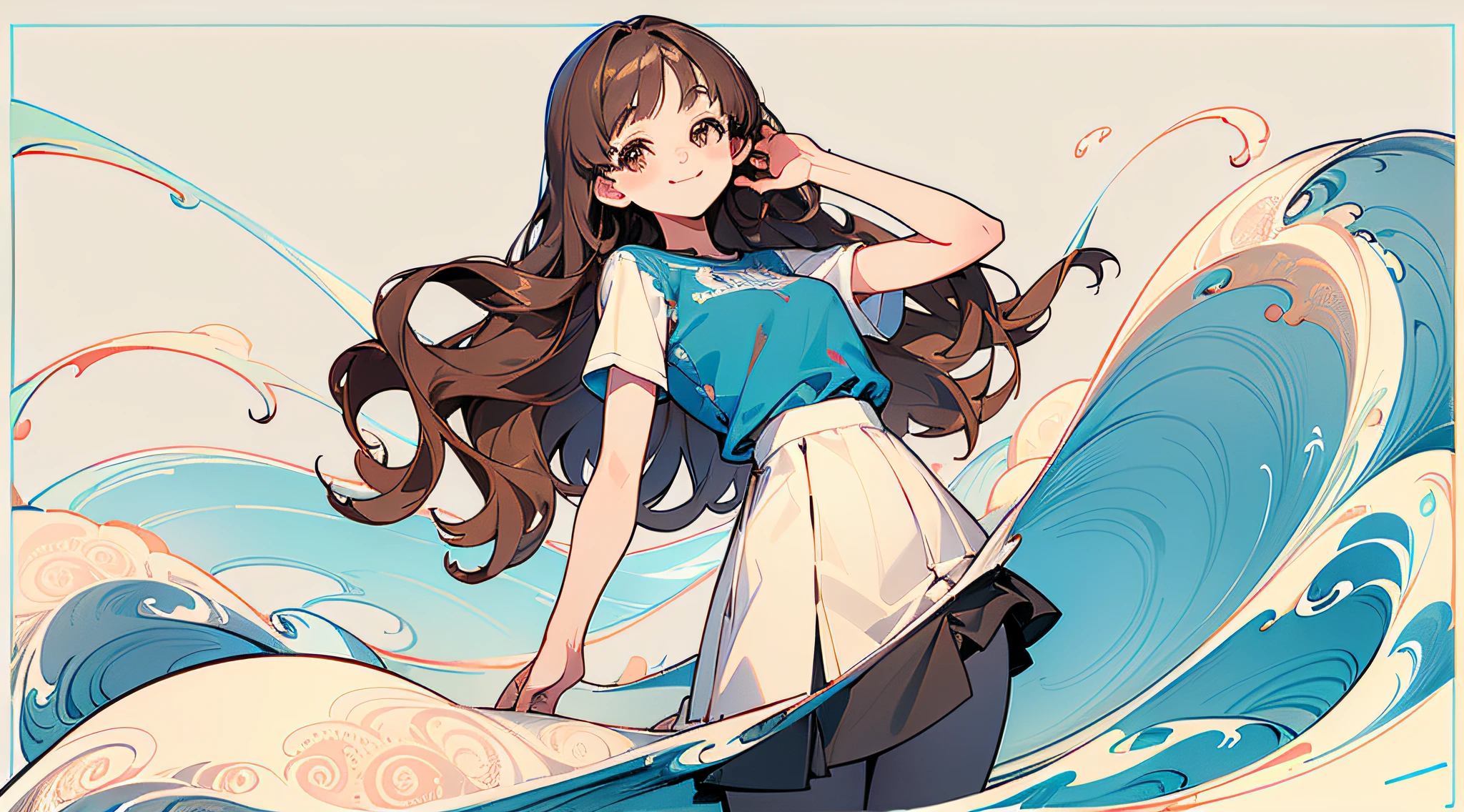 ((masterpiece, ultra-detailed, intricate details, mid quality, illustration)),1girl, solo, highres, looking viewer, long hair, Waves roll, smiling, T-shirt, long stockings, short skirt, feminine, capable, beautiful, detailed, mature women,