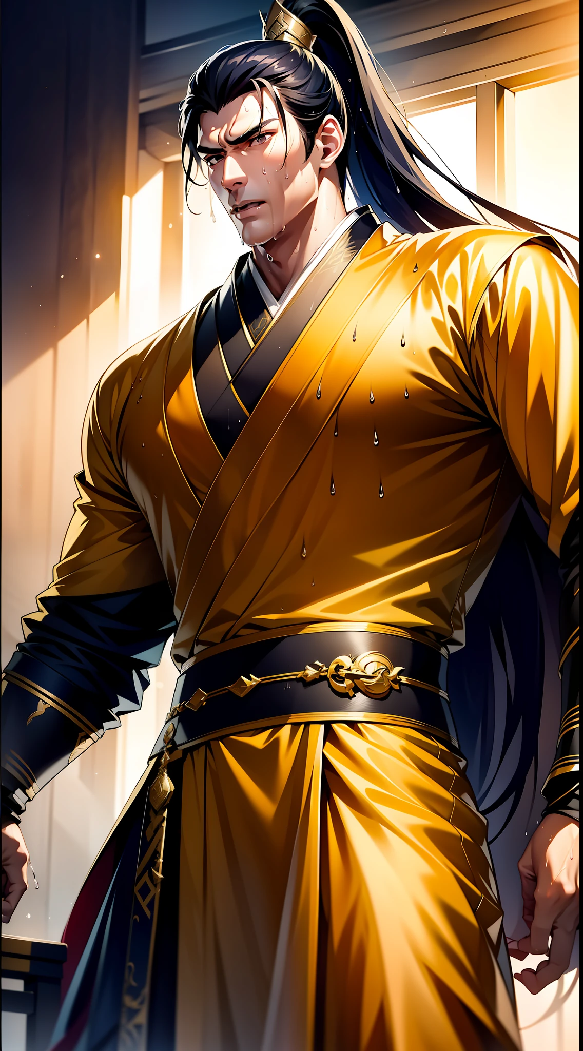 Two-dimensional, anime style, man (male warrior), muscle, correct proportions, face details, martial arts, high ponytail hairstyle, sweating, sweaty face, drooling, neck details, with Adam's apple, wet, wet, Hanfu costume, long robe, embroidered robe, dragon robe, clothing details, collar, long sleeves, game quality, swordsman demeanor, light and shadow tracing, ray tracing, detail glow, CG rendering, hair details, long black hair, golden eyes, sweaty face, handsome, handsome, sweat beads slipping down the neck, (juvenile feeling), complex clothing, wet, wet, perfect composition, refinement, high quality, more details, a lot of details, complex background, atmosphere,