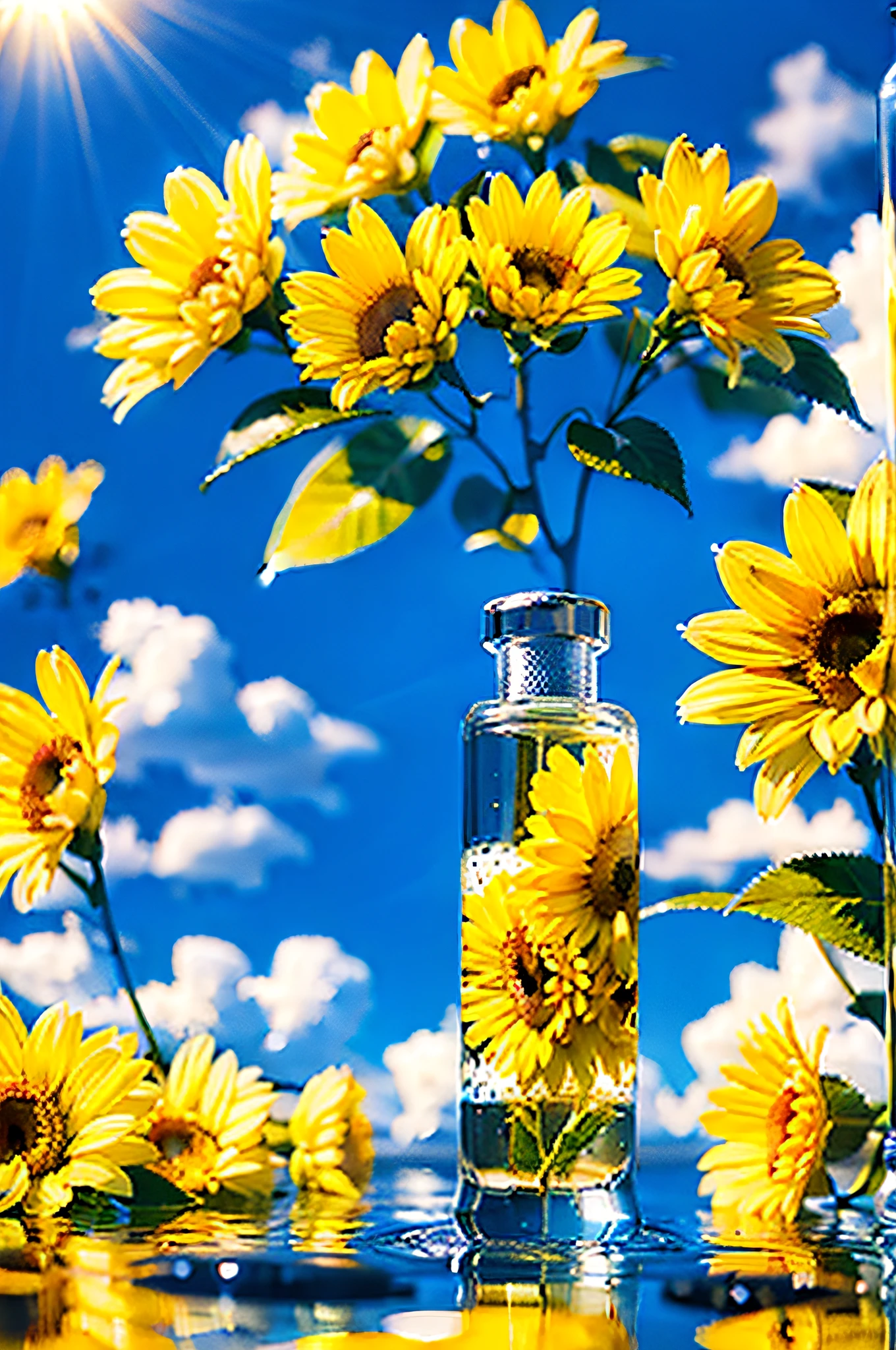 Hyper realistic scene, cosmetic bottle surrounded by yellow flowers, blue sky background, water, sunlight, low angle view, blender, product rendering, HD 8K. --v6