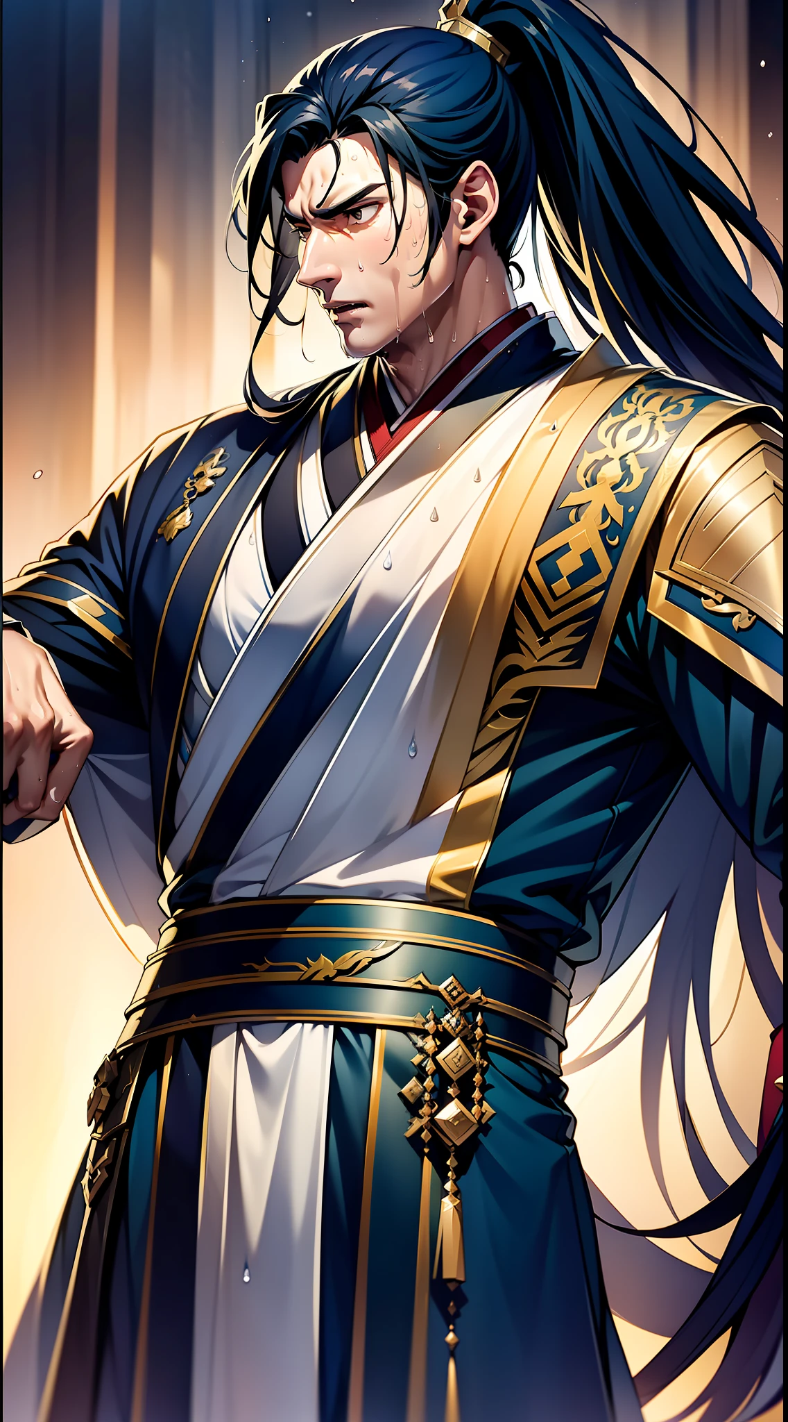 Two-dimensional, anime style, man (male warrior), muscle, correct proportions, face details, martial arts, high ponytail hairstyle, sweating, sweaty face, drooling, neck details, with Adam's apple, wet, wet, Hanfu costume, long robe, embroidered robe, dragon robe, clothing details, collar, long sleeves, game quality, swordsman demeanor, light and shadow tracing, ray tracing, detail glow, CG rendering, hair details, long black hair, golden eyes, sweaty face, handsome, handsome, sweat beads slipping down the neck, (juvenile feeling), complex clothing, wet, wet, perfect composition, refinement, high quality, more details, a lot of details, complex background, atmosphere,