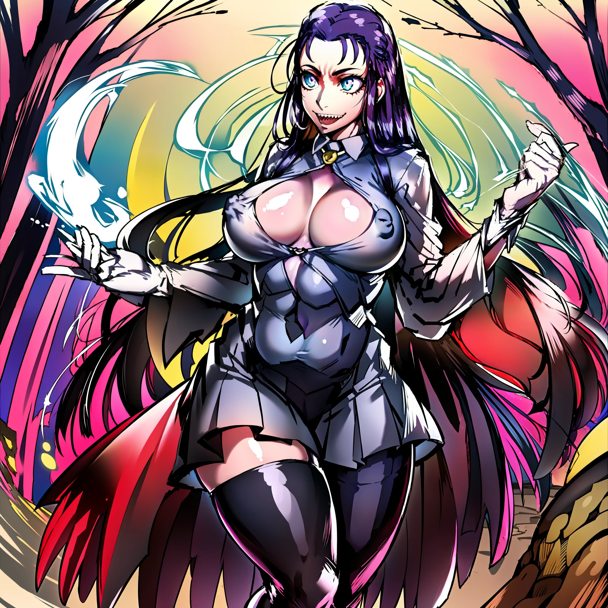 annangle,huge chest, curved, female,fantasyhere is a cartoon picture of a woman with a very large chest, , vest, pants, black hair, sacred aura, inspired by Luma Red, the non-binary deity of spring, ethereal rainbow nimbus, the butterfly goddess of fire, inspired by Marie Angel, will have shining around her, like the sun goddess, "uwu the prismatic person, big breast, happy, beautiful eyes, , full body, walking, long dress, long dre, nun, priestess, saint, body of venus, bent, huge chest, forest, walking, smile, sharp teeth, black coats, coat, jacket, maid, butler, pantyhose, jacket, shirt, black cloths, body suit, maid,,pants,skirt