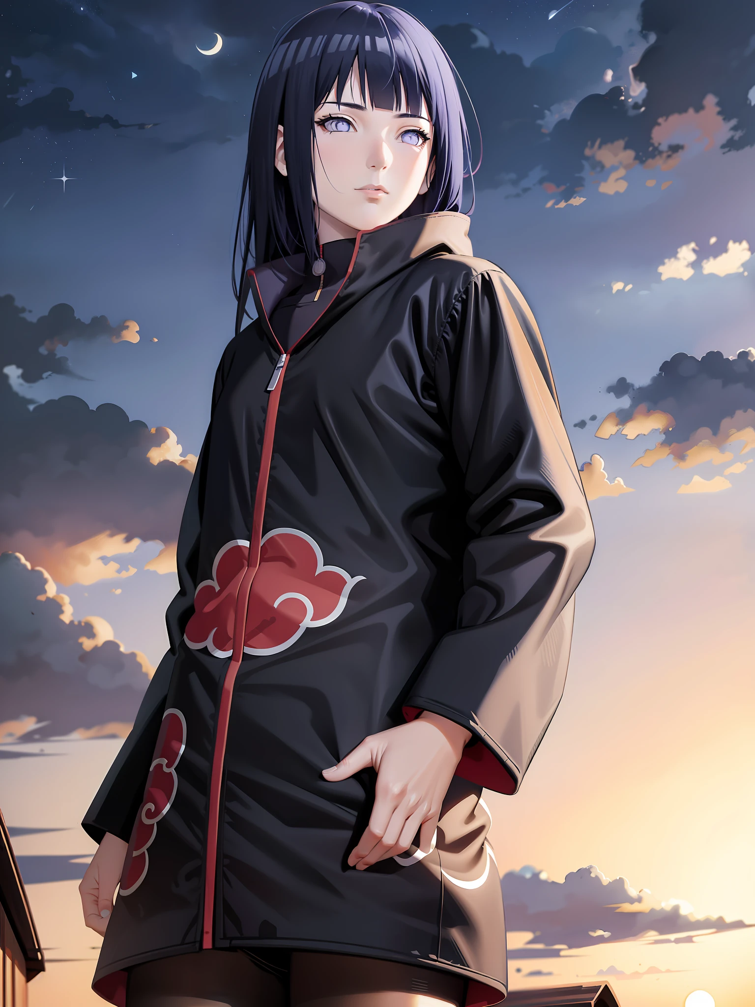 (masterpiece), (best quality), ultra high res, professional artwork, ultra detailed, intricate, detailed face, perfect lighting, 1girl, dark blue hair, (purple eyes), AKATSUKI OUTFIT, ninja, black cloak, black coat, high collar, collarbone, head, night, night sky, crescent moon, red moon, outdoors, (cowboy shot, far shot), blunt bangs, dark blue hair, long hair