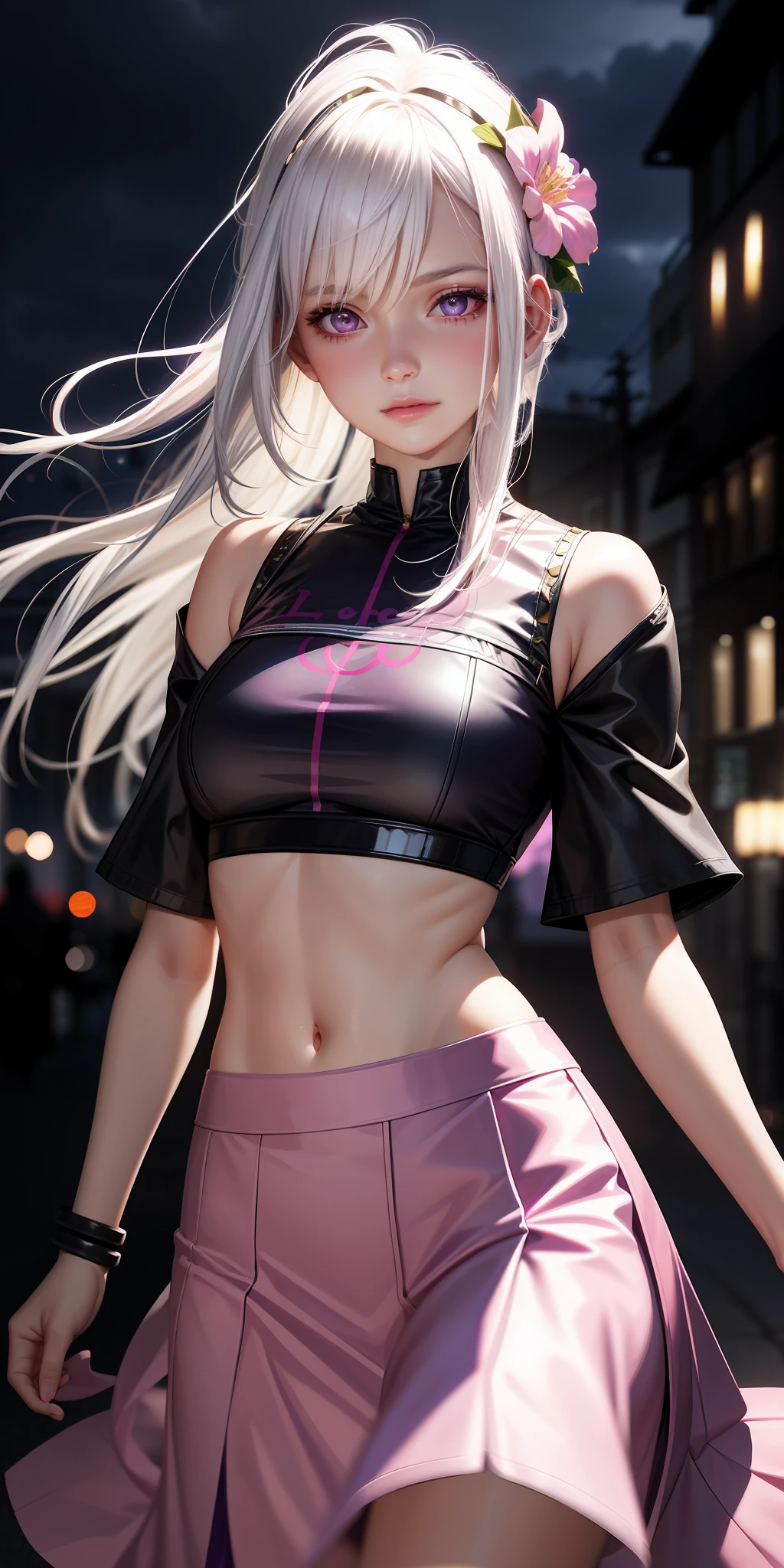 realistic, 1girl, white hair with pink locks, purple eyes, bright eyes, cropped top, skirt, lips half-open, blush, night, flowers, sun, sunlight,