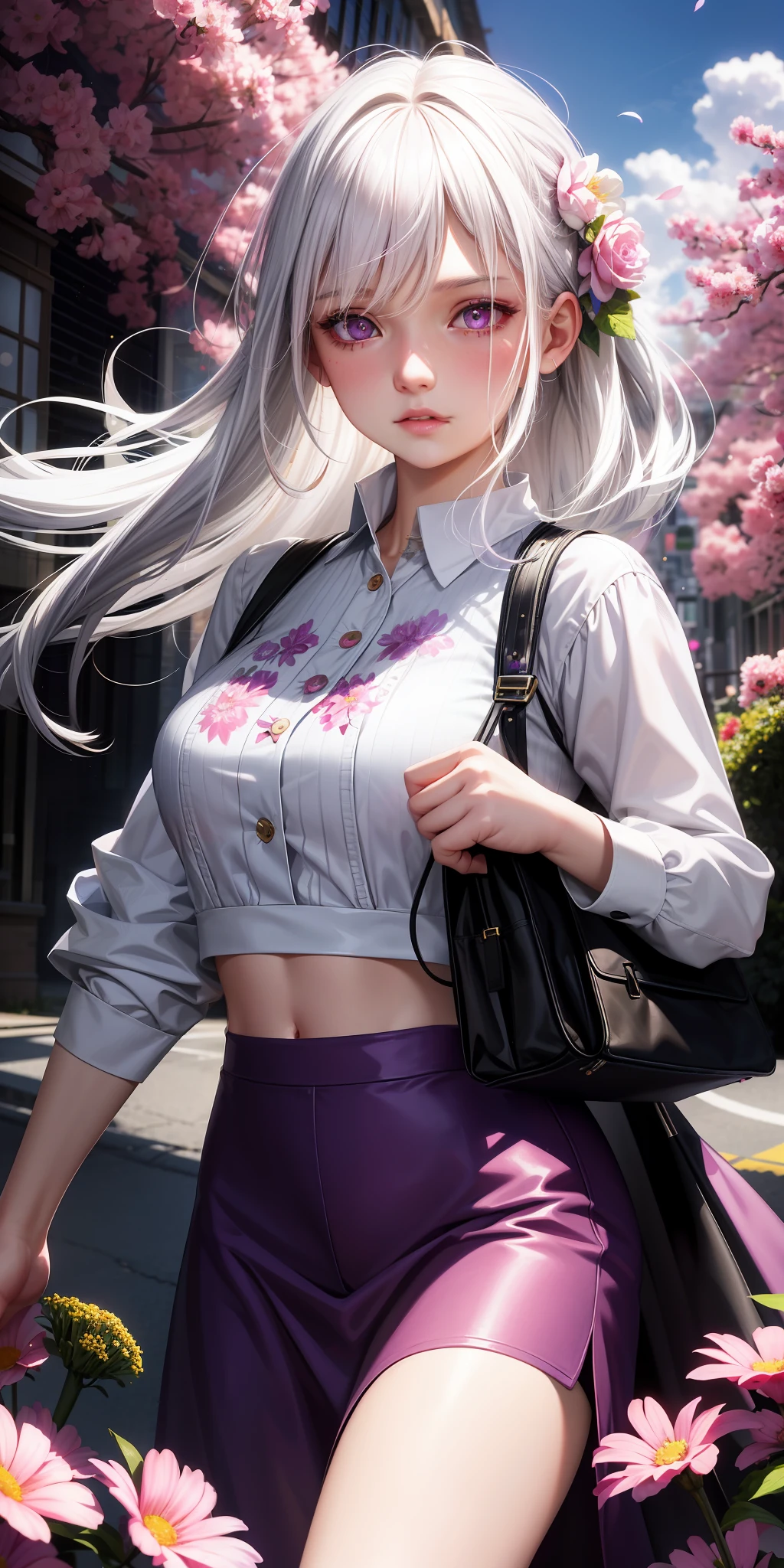 realistic, 1girl, white hair with pink locks, purple eyes, bright eyes, cropped top, skirt, lips half-open, blush, night, flowers, sun, sunlight,