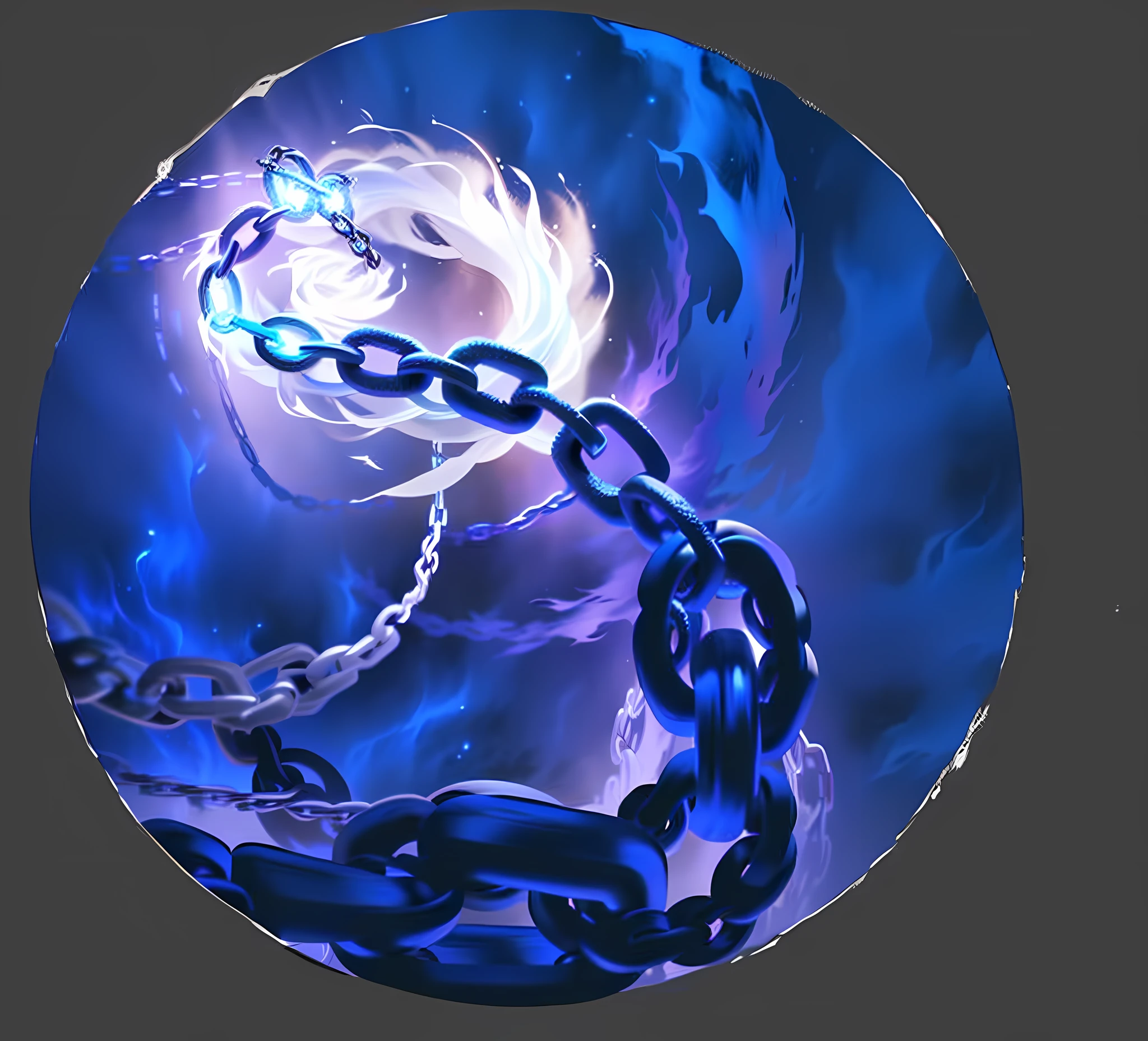 there is a chain that is connected to a chain with a light, thick glowing chains, large chain, mana flowing around it, blue fire powers, shackled in the void, chain, ((chains)), dragging a pile of chains, purple fire powers fire swirling, chains, painted in the style arcane, dormant in chains, holy fire spell art