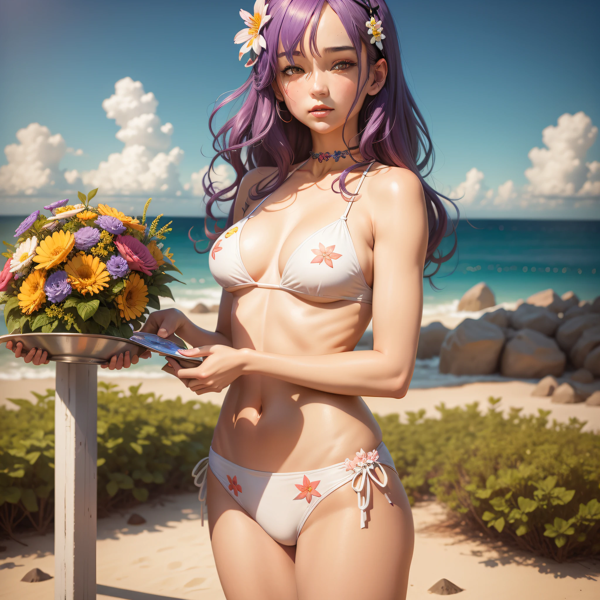 Rem is holding a plate in her left hand and a flower in her right hand, wearing a bikini