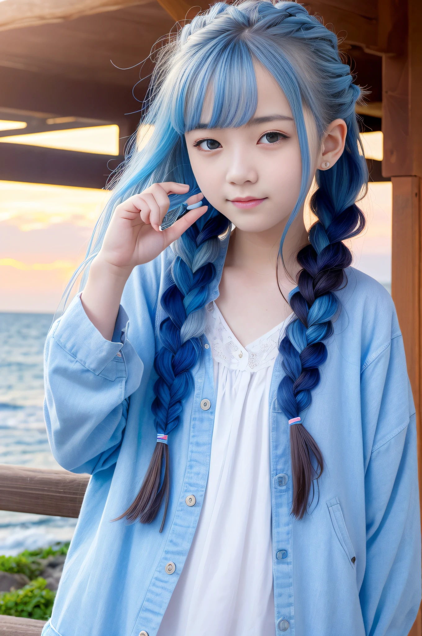 (Facial Focus), (1 Girl, Female, Woman, Solo, Pale Skin, Casual Fashion, Kawaii), (Long Hair, Single Braided Hair, Light Blue Hair, Cute Face, Light Smile), (By the Sea), Milky Way, Sunset,