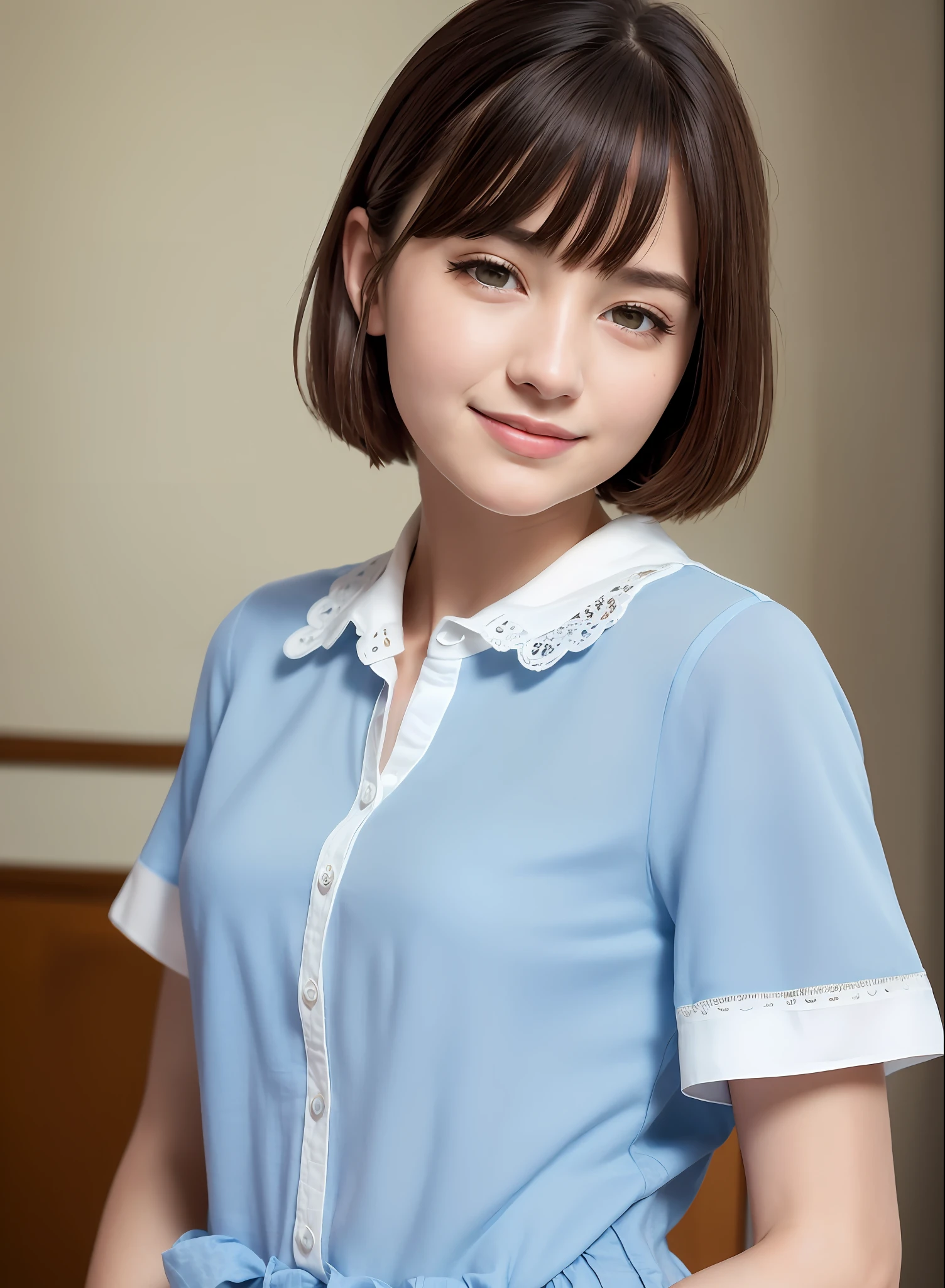 (8k, top quality, masterpiece: 1.2), (realistic, photorealistic: 1.37), super detailed, one girl, cute, one, beautiful detailed sky, class room, (smile: 1.15),(closed)small,beautiful details,(shirt with collar:1.1),16yo,white lace,(short hair:1.2),floating hair NovaFrogStyle,