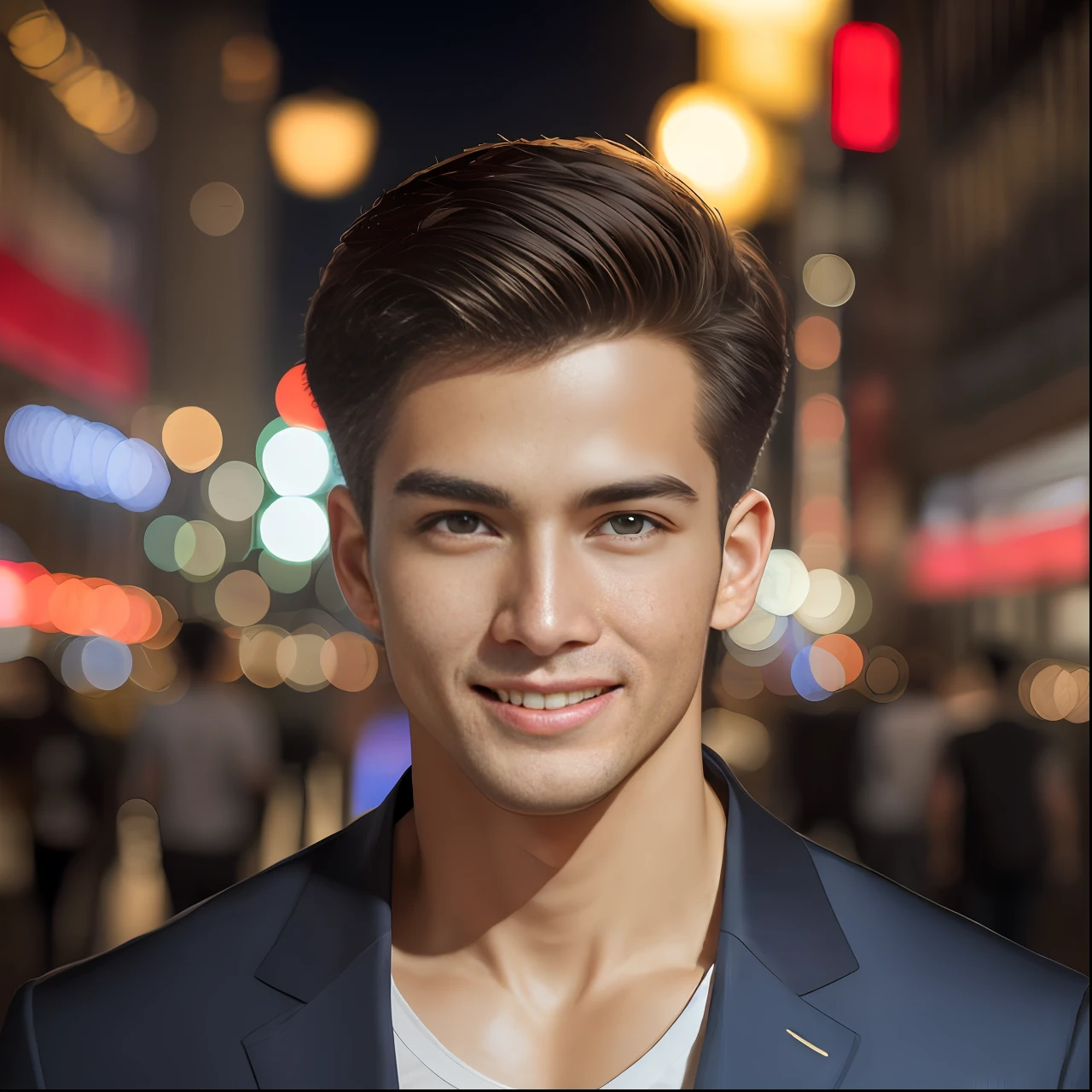 masterpiece, best quality, highres, ultra high res,real, photorealistic,Young man,Handsome face,evening,natural lighting,looking at viewer,outdoor,full body,smile,round face,short hair,details eyes,Shanghai city street,Nightscape