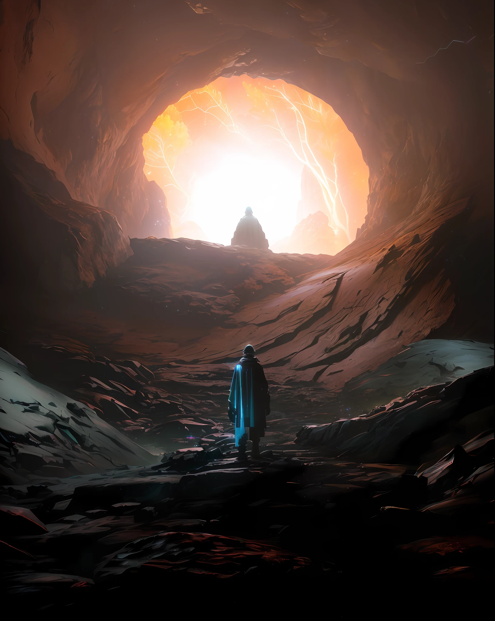 there is a man standing in a cave with a light at the end, from a 2 0 1 9 sci fi 8 k movie, beeple. octane render, beeple and jean giraud, cinematic beeple, beeple and tim hildebrandt, unreal engine 5 render dramatic, dramatic sci-fi movie still, unreal engine 5 digital art