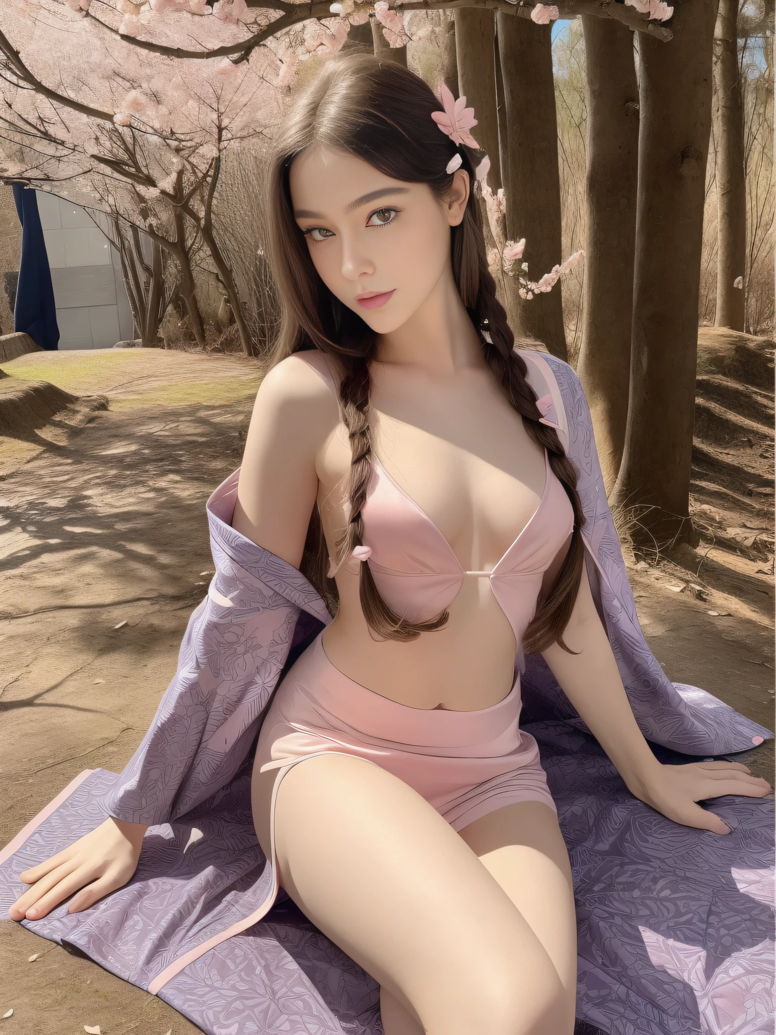 full shot, skswoman, a masterpiece of erotic art, 1 GIRL, in detail the idol DASHA in a sapphire-colored kimono decorated with applications in the form of sakura inflorescences walks towards the camera along a picturesque alley with blooming Japanese sakura along a path strewn with fallen pink sakura petals, in detail in detail small breasts, in detail long chestnut hair long to the ground fluffy mop of hair, bright brown eyes in detail, long fluffy eyelashes in detail, pink tender lips in detail, make-up with arrows with sapphire color in detail, Japanese gane shoes of sapphire color with braids on the shins in detail, in detail ultra-short kimono with deep erotic cutouts reveals beautiful slender legs, a cutout on the chest exposes the décolleté area, character flirting on camera, backlight, bright sun rays, detailed beautiful backlight, soft frontal light, soft shadows on the face, beautiful chiaroscuro on the face and tele, hyperrealism, hyperdetail, high resolution, clear focus, uhd, 32k, website 500px, David Dubnitsky style, nude art style.
