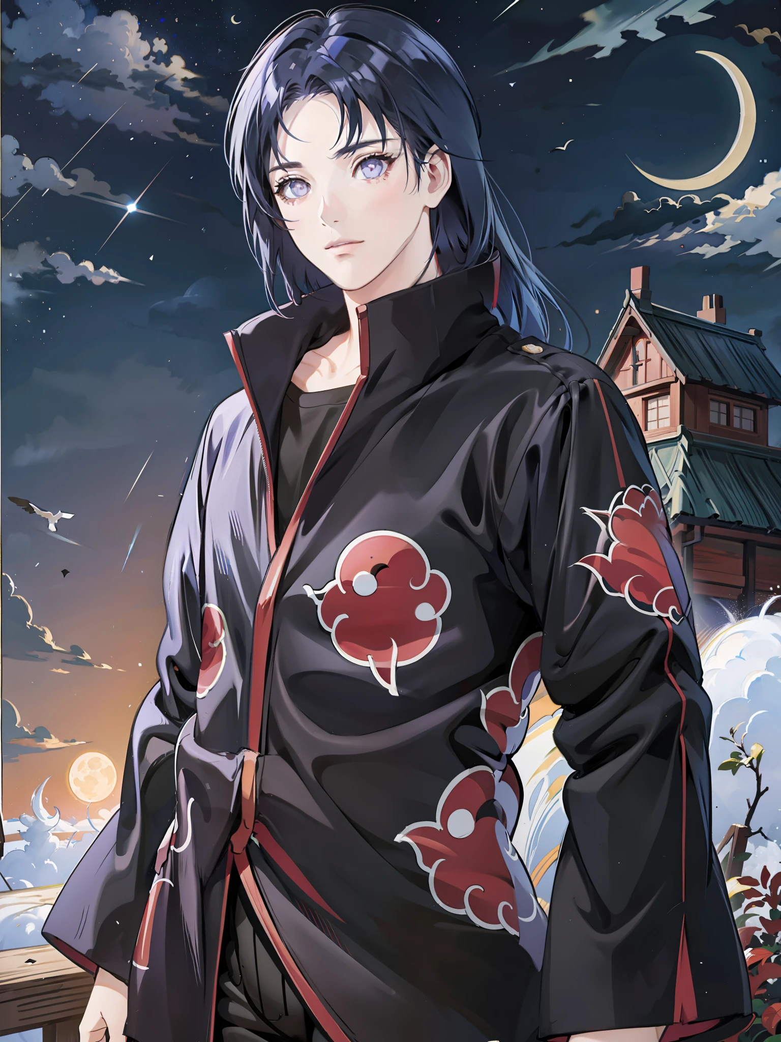 (masterpiece), (best quality), ultra high res, professional artwork, ultra detailed, intricate, detailed face, perfect lighting, 1girl, dark blue hair, (purple eyes), AKATSUKI OUTFIT, ninja, black cloak, black coat, high collar, collarbone, head, night, night sky, crescent moon, red moon, outdoors, (cowboy shot, far shot), blunt bangs, dark blue hair, long hair