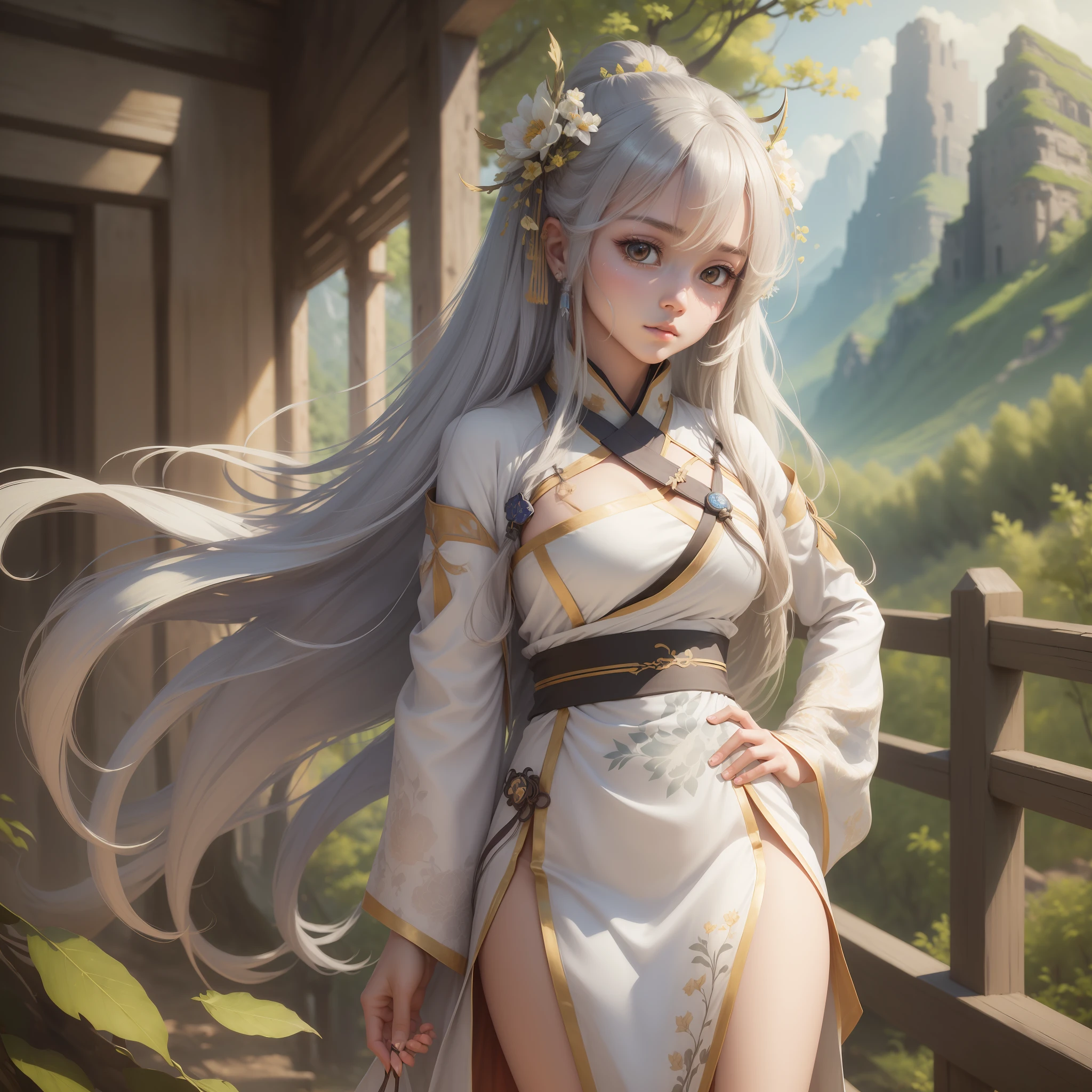 (masterpiece:1.5),(best quality:1.5),(ultra-detailed:1.5),illustration,cowboy shot,1girl,solo,(buildings),perfect face,lustrous skin,long hair,beautiful detailed eyes,beautiful flowing hair,(ru_qun:1.5),(hanfu:1.5),chinese clothes, white dress,white thighhighs, (bloom),lighting, ray tracing,outdoors, mountains, nature,hair ornament, hair ribbon,hand on hip,looking at viewer,ahoge,large breasts, (deep depth of field:1.5),hair ornament, forest,barefoot sandals --auto --s2