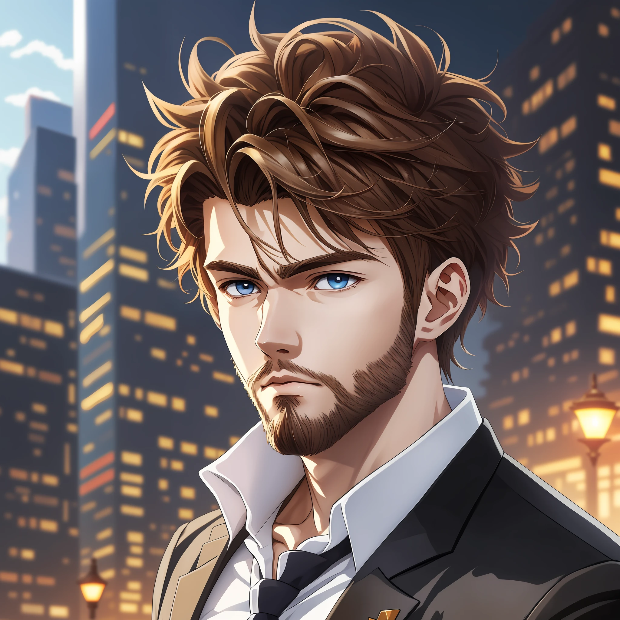 Superior quality, anime style, anime image, anime style avatar, man (light brown hair with modern and spiky cut, light eyes, white skin, with beard), only the face, wearing high school clothes. --auto --s2