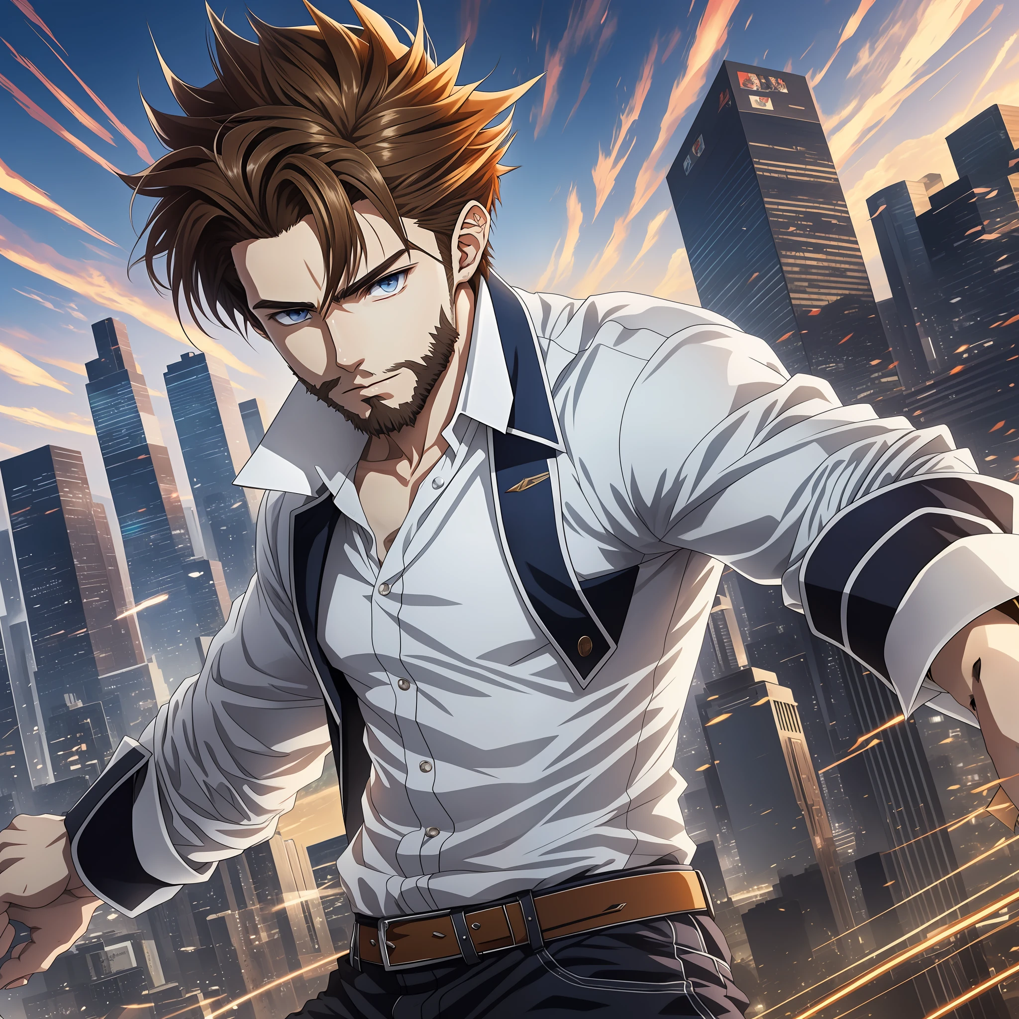 Superior quality, anime style, anime image, anime style avatar, man (light brown hair with modern and spiky cut, light eyes, white skin, with beard), only the face, wearing high school clothes. --auto --s2