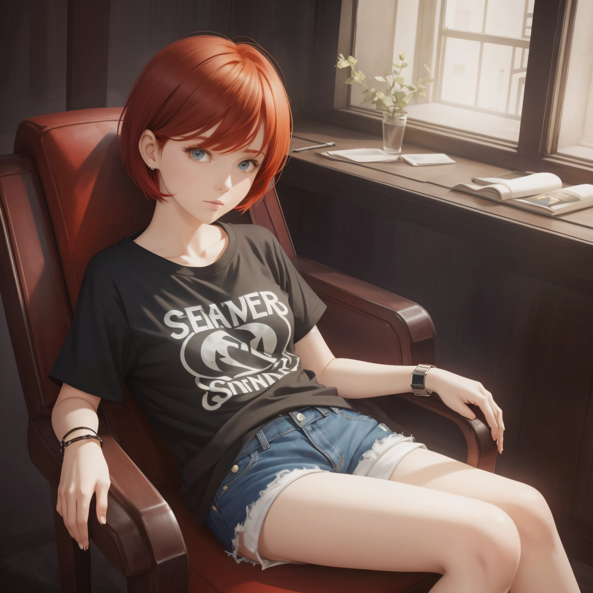 A short-haired redhead sitting in a chair, with one of her legs on the chair, she wears a pair of leg shorts, glued to her body, a baggy shirt with a sinister design, on her right wrist a watch. --auto --s2