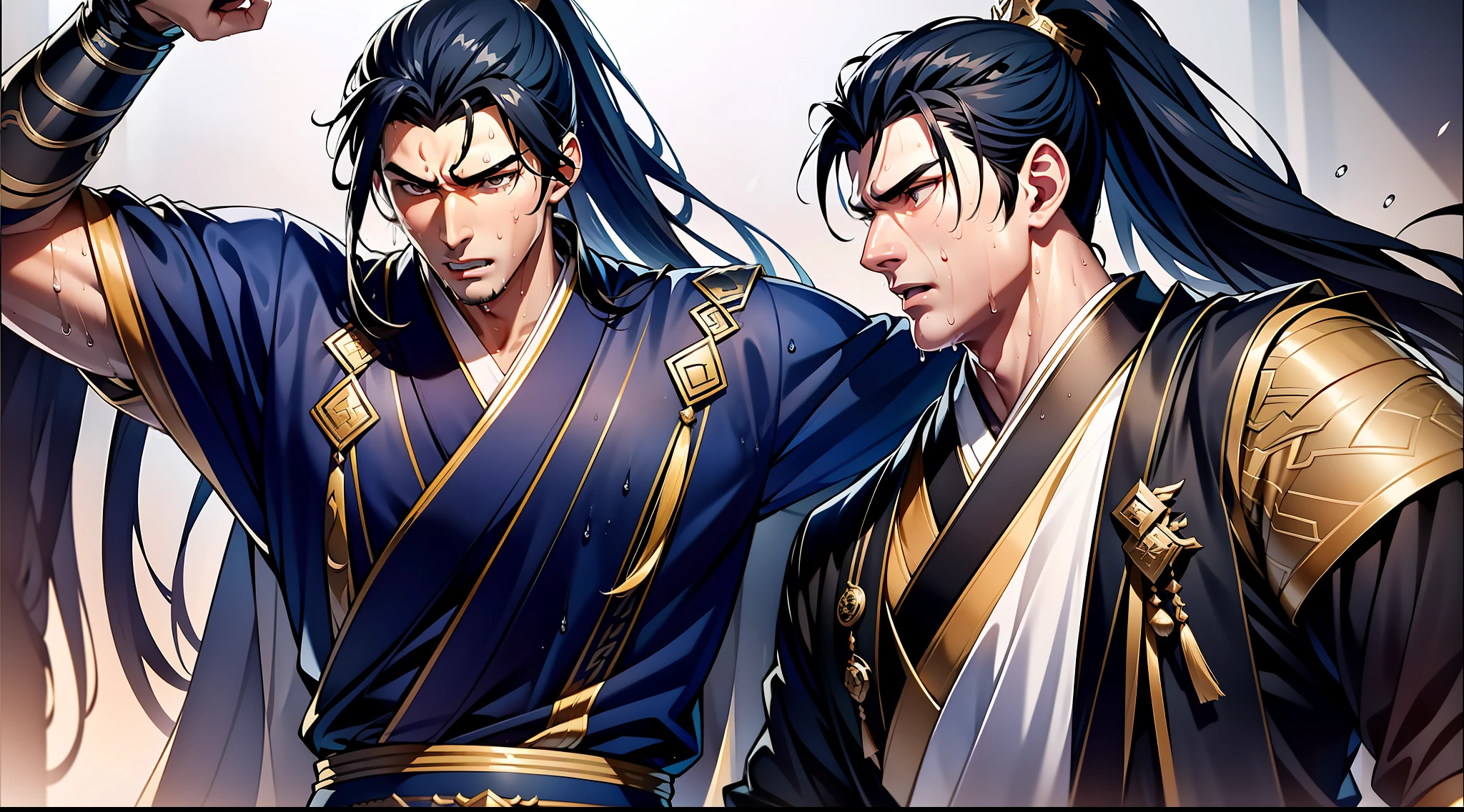 Two-dimensional, anime style, man (male warrior), muscle, correct proportions, face details, martial arts, high ponytail hairstyle, sweating, sweaty face, drooling, neck details, with Adam's apple, wet, wet, Hanfu costume, long robe, embroidered robe, dragon robe, clothing details, collar, long sleeves, game quality, swordsman demeanor, light and shadow tracing, ray tracing, detail glow, CG rendering, hair details, long black hair, golden eyes, sweaty face, handsome, handsome, sweat beads slipping down the neck, (juvenile feeling), complex clothing, wet, wet, perfect composition, refinement, high quality, more details, a lot of details, complex background, atmosphere,