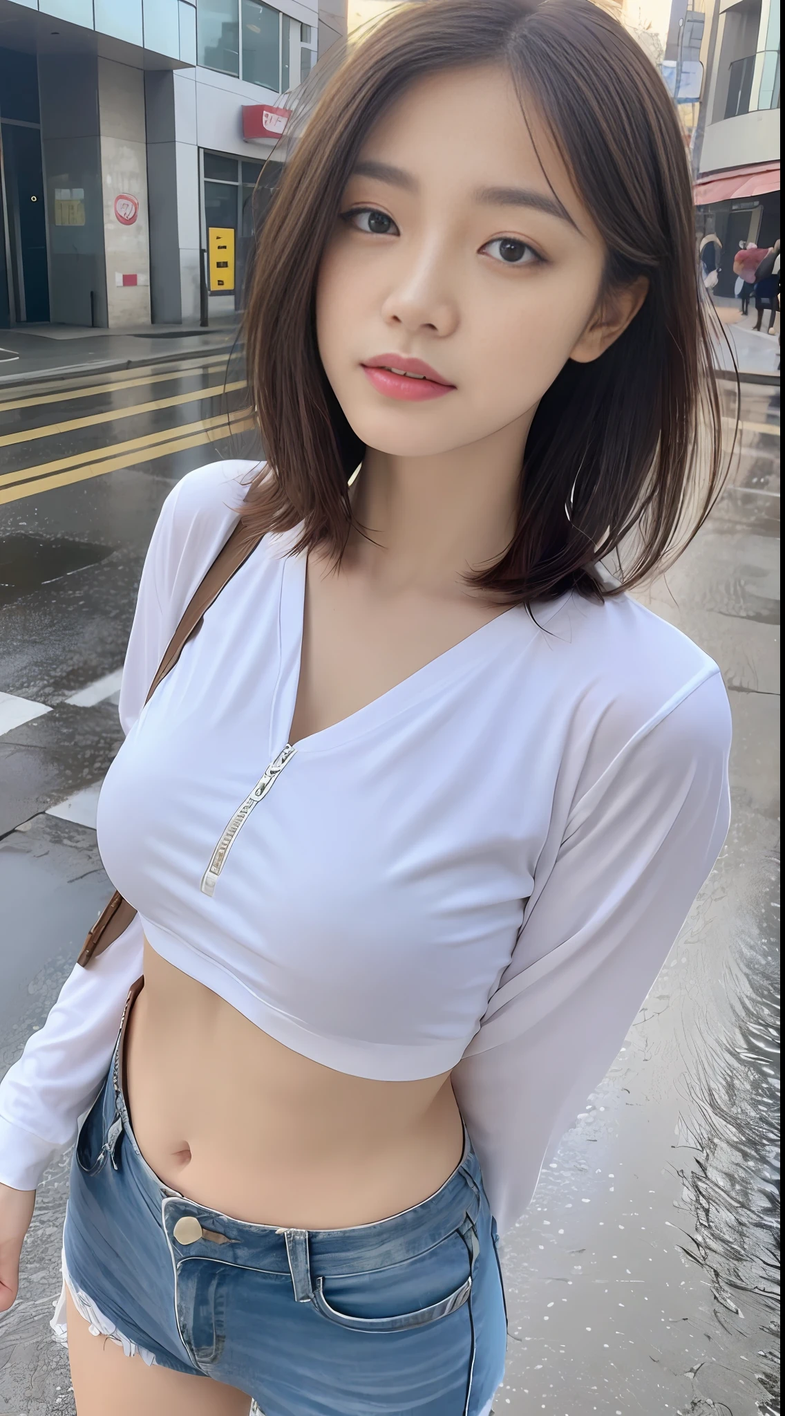 ((Best Quality, 8k, Masterpiece: 1.3)), Focus: 1.2, Perfect Body Beauty: 1.4, Buttocks: 1.2, ((Layered Haircut, Breasts: 1.2)), (Wet Clothes: 1.1) , (Rain, Street:1.3), Sweet T-shirt: 1.1, Navel Exposed, Highly Detailed Face and Skin Texture, Delicate Eyes, Double Eyelids, Whitened Skin, Long Hair