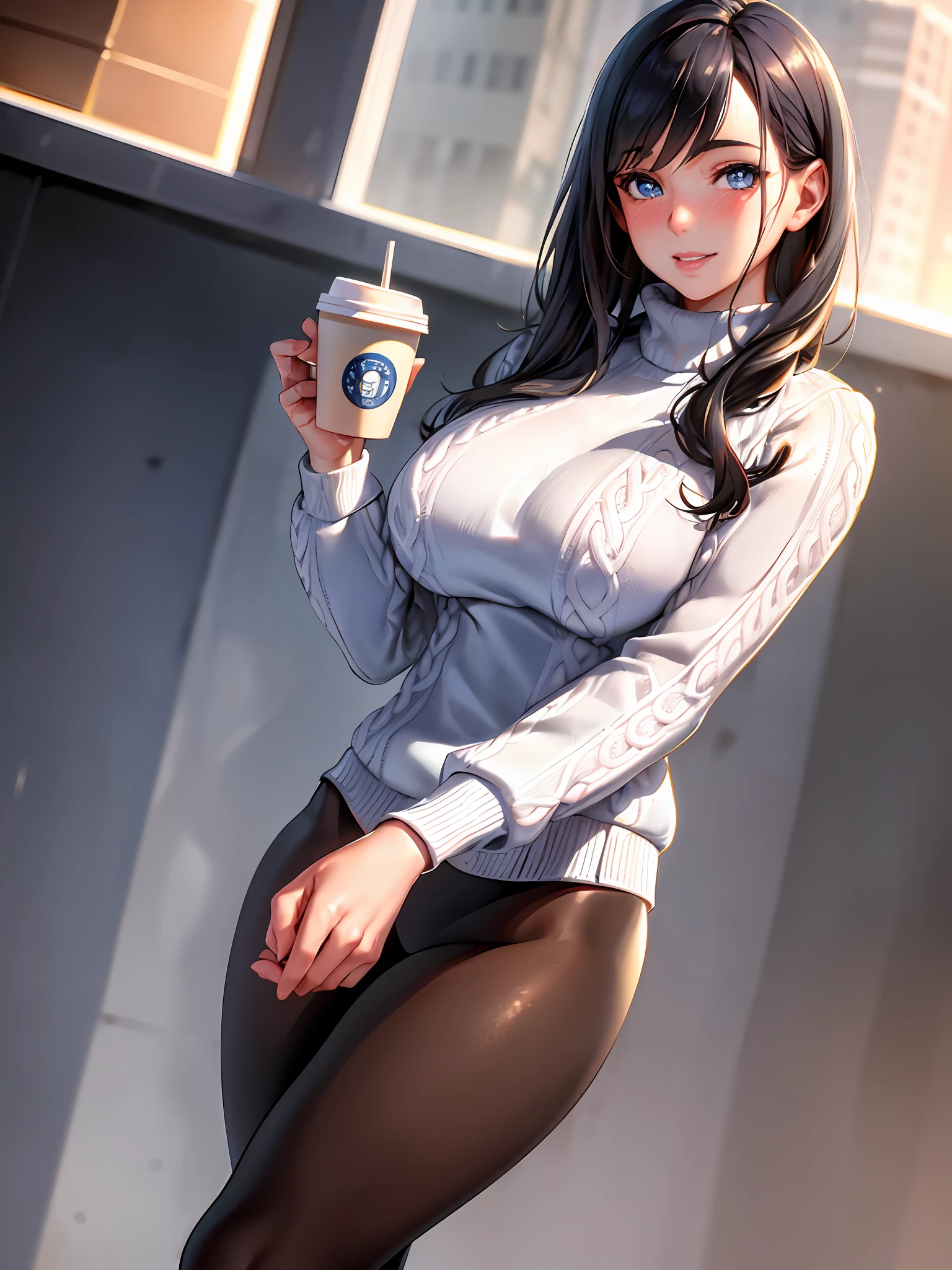 (masterpiece, best quality:1.4), (modern days), (cowboy shot), 1girl, solo, pov, sfw, stunning girlfriend, (standing:1.1), dynamic pose, (white oversized sweater, knit sweater:1.4), (Tight yoga pants, dark gray yoga pants: 1.4), (navy short jacket, spider clothes, denim jacket: 1.4), long blonde hair, bangs, heart-shaped face, elegant face, beautiful face, high detail face, high detail skin, skin pores, subsurface scattering, (blue eye details), realistic pupils, plump breasts, loving smile, looking at the audience, full blush, plump lips, holding a coffee cup, centered, coffee shop in background, city street, sunny day, wind, detailed background, depth of field, atmospheric perspective, volumetric lighting, clear focus, absurd, realistic proportions, good anatomy, (realistic, hyper-realistic:1.4), 16k HDR,