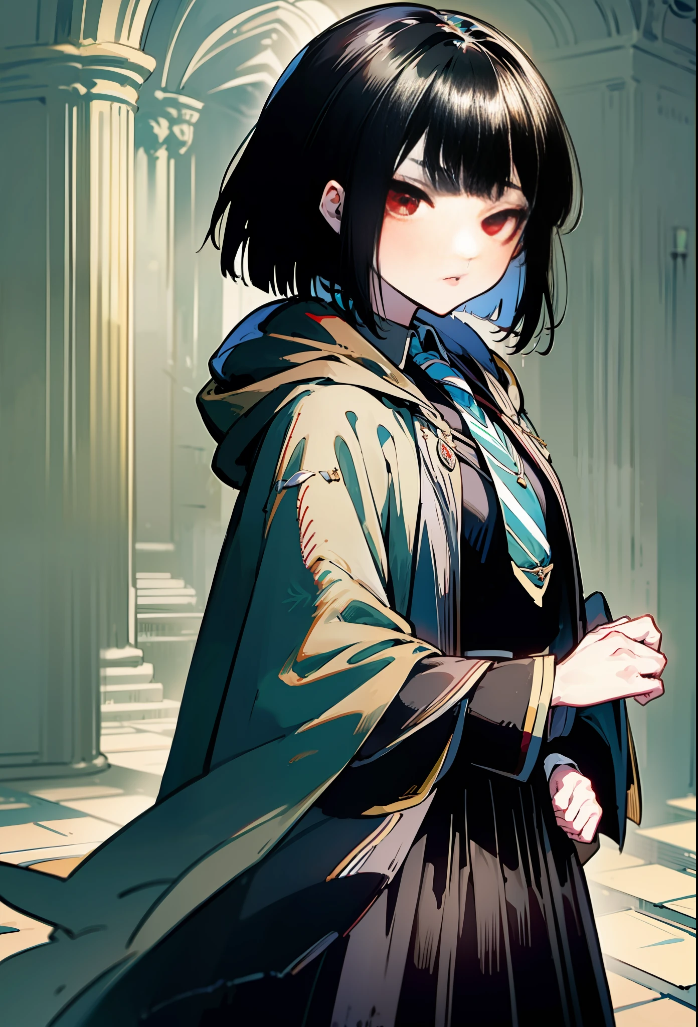 Long, flowing witch robes, A black coat with a flowing hood, Hogwarts coat of arms, Green and silver striped tie, Neat button-down shirt, Pleated skirt, black hair, short hair, bangs, tsurime, red eyes, three sided view, UHD, ccurate, high details, 16k, highres, super detail, masterpiece, anatomically correct, high quality,girl,tsurime