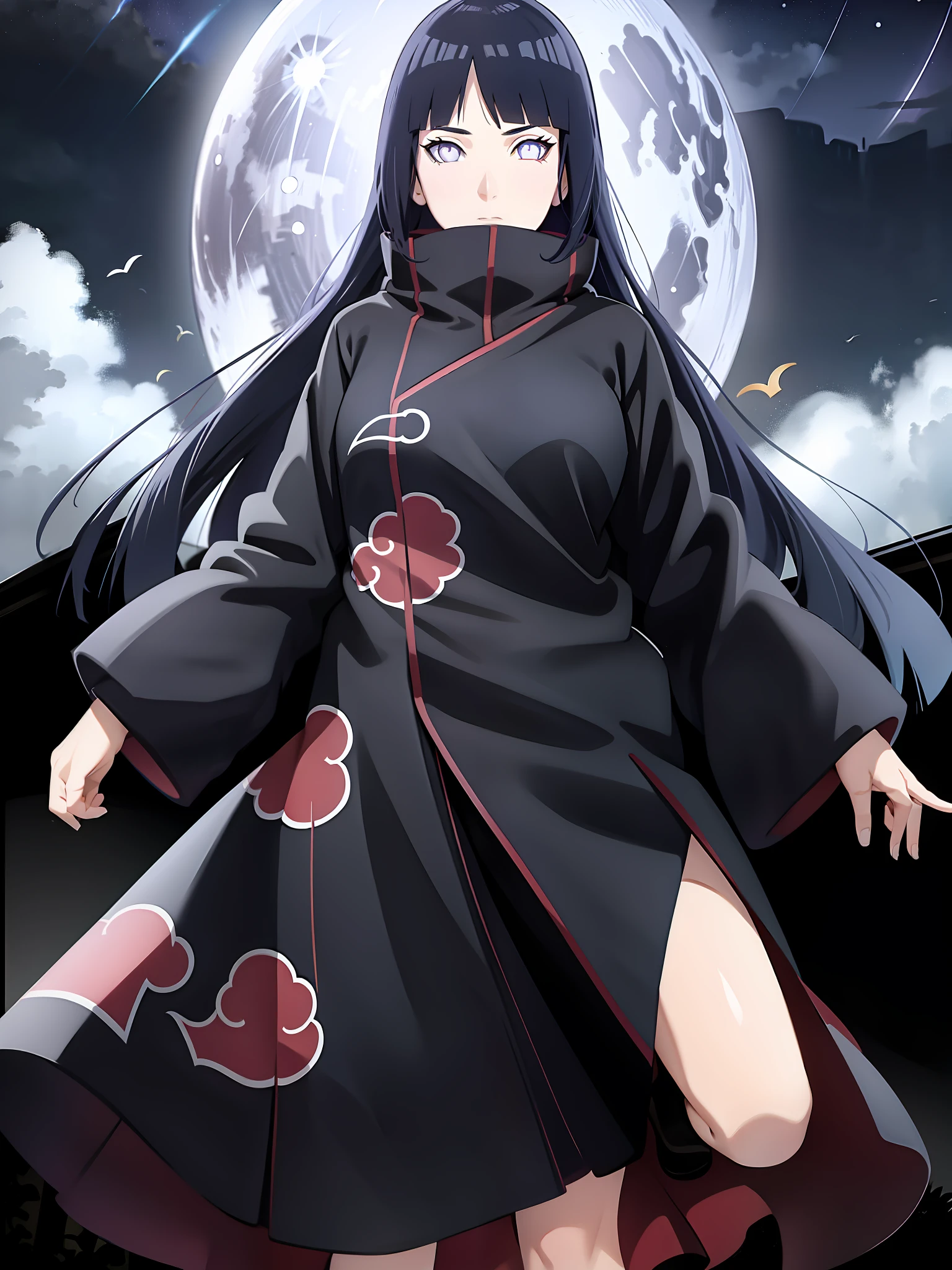 (masterpiece), (best quality), ultra high res, professional artwork, ultra detailed, intricate, detailed face, perfect lighting, 1girl, dark blue hair, (purple eyes), AKATSUKI OUTFIT, ninja, black cloak, black coat, high collar, collarbone, head, night, night sky, crescent moon, red moon, outdoors, (cowboy shot, far shot), blunt bangs, dark blue hair, long hair