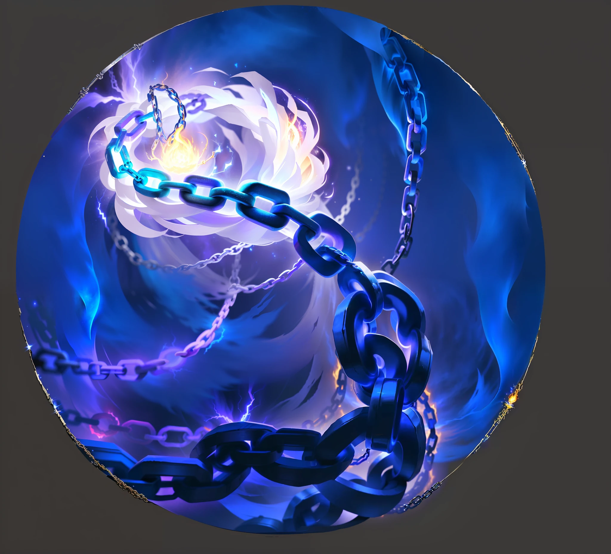 there is a chain that is connected to a chain with a light, thick glowing chains, large chain, mana flowing around it, blue fire powers, shackled in the void, chain, ((chains)), dragging a pile of chains, purple fire powers fire swirling, chains, painted in the style arcane, dormant in chains, holy fire spell art