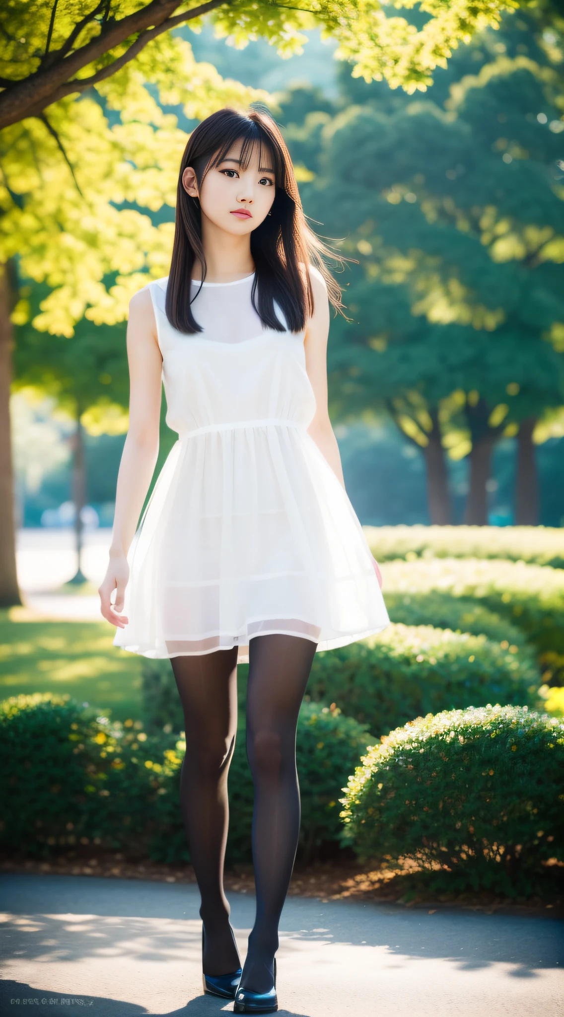 An Asian girl, delicate facial features, vivid eyes, tall figure, masterpiece, 8K, RAW, professional photography, more details, award-winning work, ultra high definition, retina screen, solution correct, (Trueness: 1.4), Look away, dress, (colorless, pantyhose: 1.4), soft light, full body view, side shot, walking in the park, background bokeh, depth of field, 85mm1.2