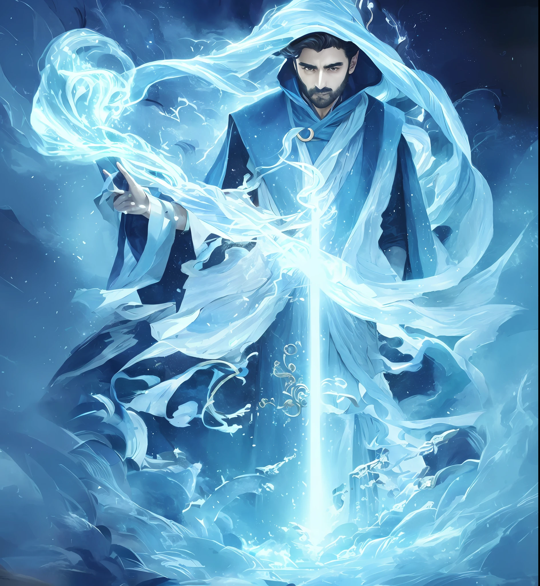 A close-up of a book cover, a man in a blue-cyan cape, album cover, Maya Ali as a Storm Wizard, Reincarnation of Fate, the only beam in the darkness