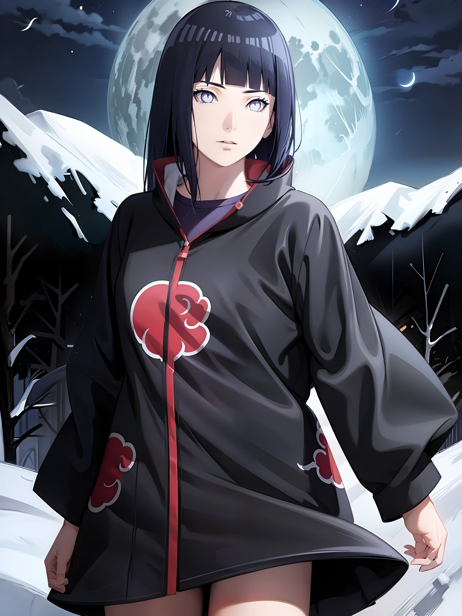 (masterpiece), (best quality), ultra high res, professional artwork, ultra detailed, intricate, detailed face, perfect lighting, 1girl, dark blue hair, (purple eyes), AKATSUKI OUTFIT, ninja, black cloak, black coat, high collar, collarbone, head, night, night sky, crescent moon, red moon, outdoors, (cowboy shot, far shot), blunt bangs, dark blue hair, long hair