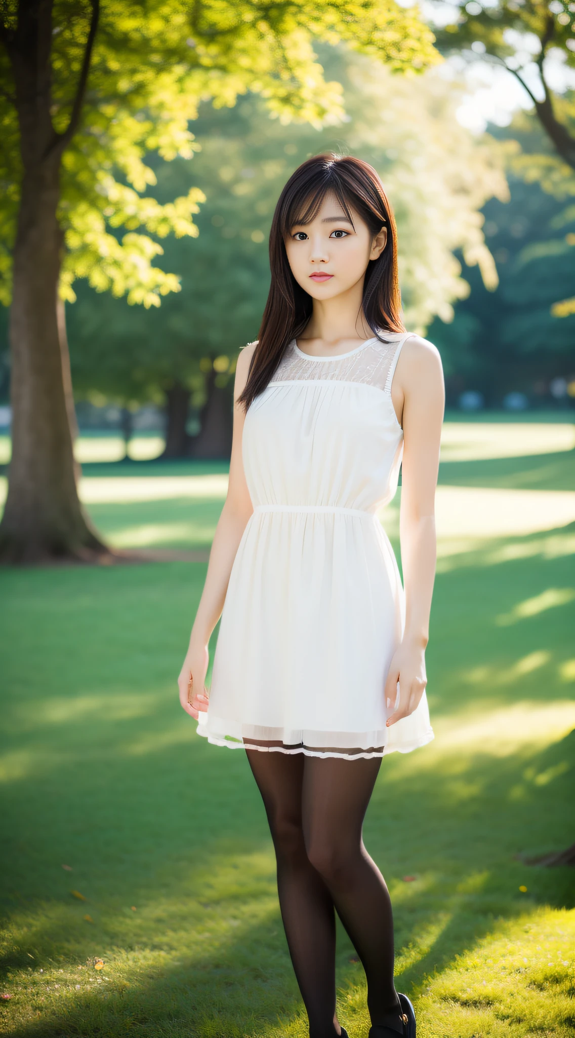 An Asian girl, delicate facial features, vivid eyes, tall figure, masterpiece, 8K, RAW, professional photography, more details, award-winning work, ultra high definition, retina screen, solution correct, (Trueness: 1.4), Look away, dress, (colorless, pantyhose: 1.4), soft light, full body view, side shot, walking in the park, background bokeh, depth of field, 85mm1.2