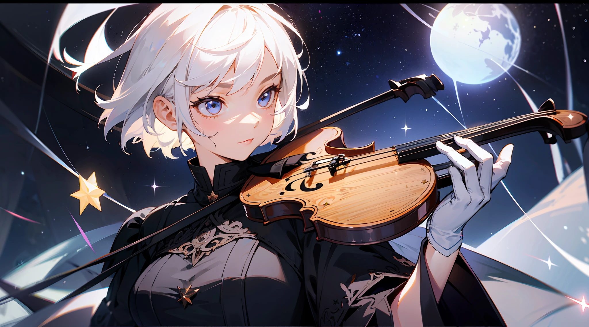 Girl, short white hair, black skirt, black gloves, violin playing, bright eyes, facing the camera, stars, delicate facial features, front lighting, 3D, extremely delicate illustrations, intricate and meticulous details, extremely high quality