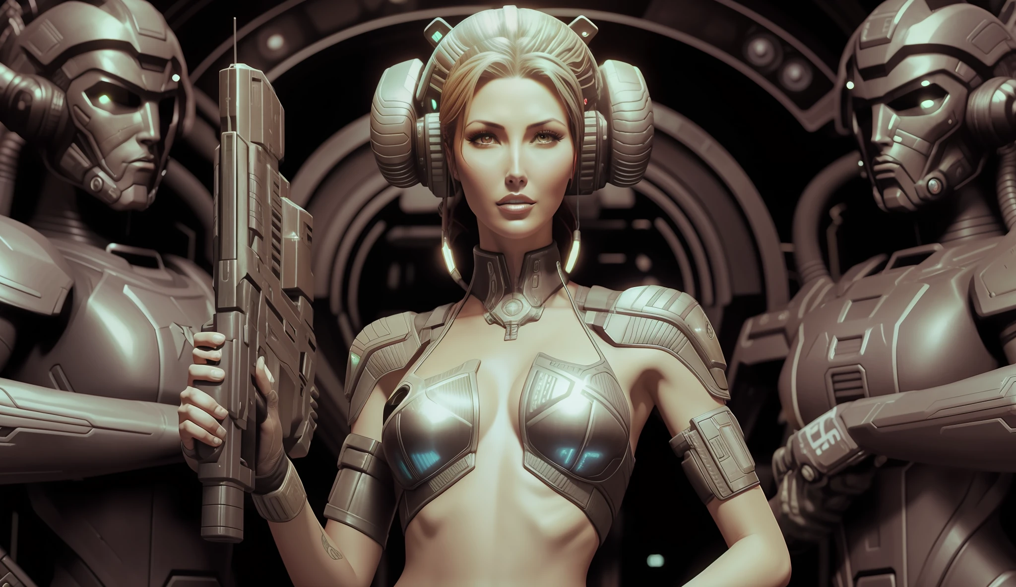 a woman (Shannon Elizabeth) with a gun standing in front of aliens, cyberpunk art by Raymond Swanland, zbrush central contest winner, retrofuturism, zbrush, reimagined by industrial light and magic, sci-fi