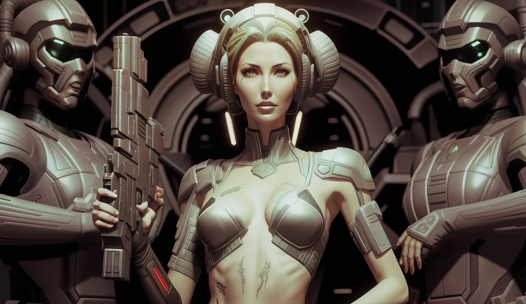 a woman (Shannon Elizabeth) with a gun standing in front of aliens, cyberpunk art by Raymond Swanland, zbrush central contest winner, retrofuturism, zbrush, reimagined by industrial light and magic, sci-fi