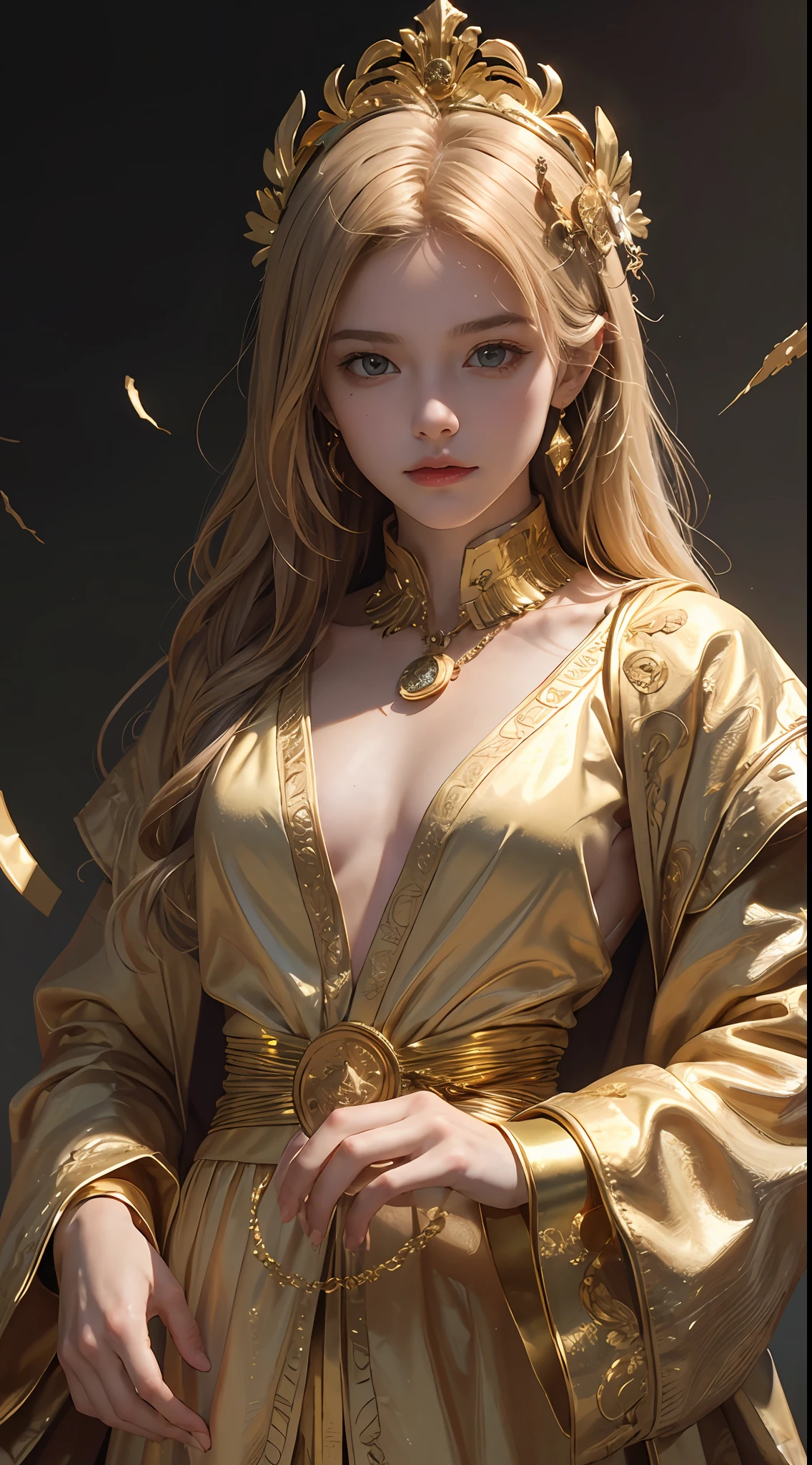 (masterpiece), best quality, scattered gold coins, gold clothes, golden hair, hacker boy in mask, 8k wallpaper, my perspective, gold coin fragment decoration, hands suspended gold coin, like a king, light shadow, low saturation, close-up, 8k exquisite details.