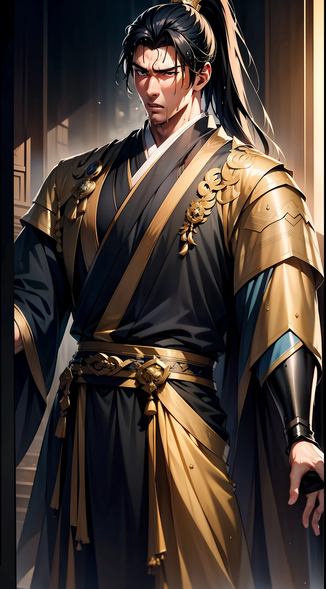 Two-dimensional, anime style, man (male warrior), muscle, correct proportions, face details, martial arts, high ponytail hairstyle, sweating, sweaty face, drooling, neck details, with Adam's apple, wet, wet, Hanfu costume, long robe, embroidered robe, dragon robe, clothing details, collar, long sleeves, game quality, swordsman demeanor, light and shadow tracing, ray tracing, detail glow, CG rendering, hair details, long black hair, golden eyes, sweaty face, handsome, handsome, sweat beads slipping down the neck, (juvenile feeling), complex clothing, wet, wet, perfect composition, refinement, high quality, more details, a lot of details, complex background, atmosphere,