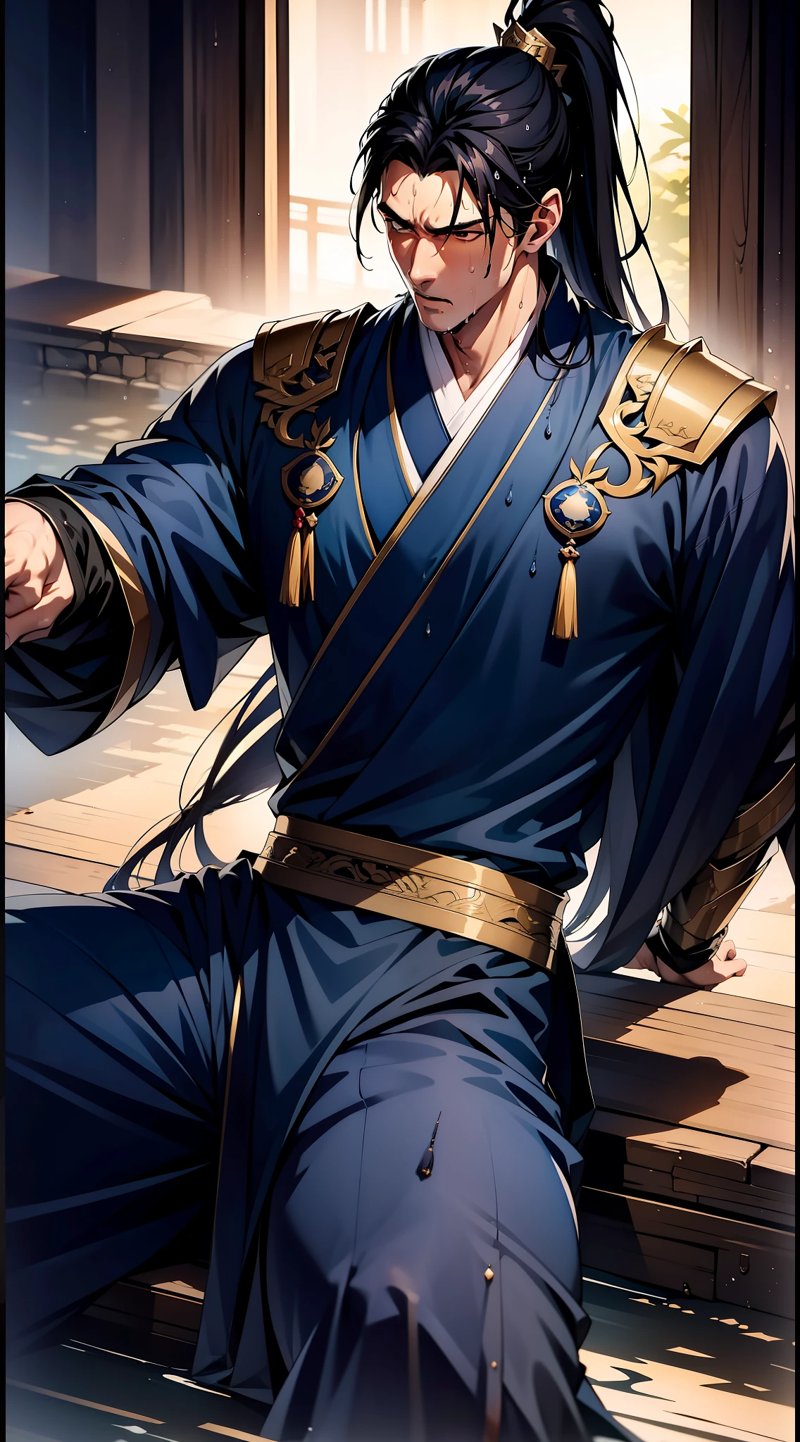 Two-dimensional, anime style, man (male warrior), muscle, correct proportions, face details, martial arts, high ponytail hairstyle, sweating, sweaty face, drooling, neck details, with Adam's apple, wet, wet, Hanfu costume, long robe, embroidered robe, dragon robe, clothing details, collar, long sleeves, game quality, swordsman demeanor, light and shadow tracing, ray tracing, detail glow, CG rendering, hair details, long black hair, golden eyes, sweaty face, handsome, handsome, sweat beads slipping down the neck, (juvenile feeling), complex clothing, wet, wet, perfect composition, refinement, high quality, more details, a lot of details, complex background, atmosphere,