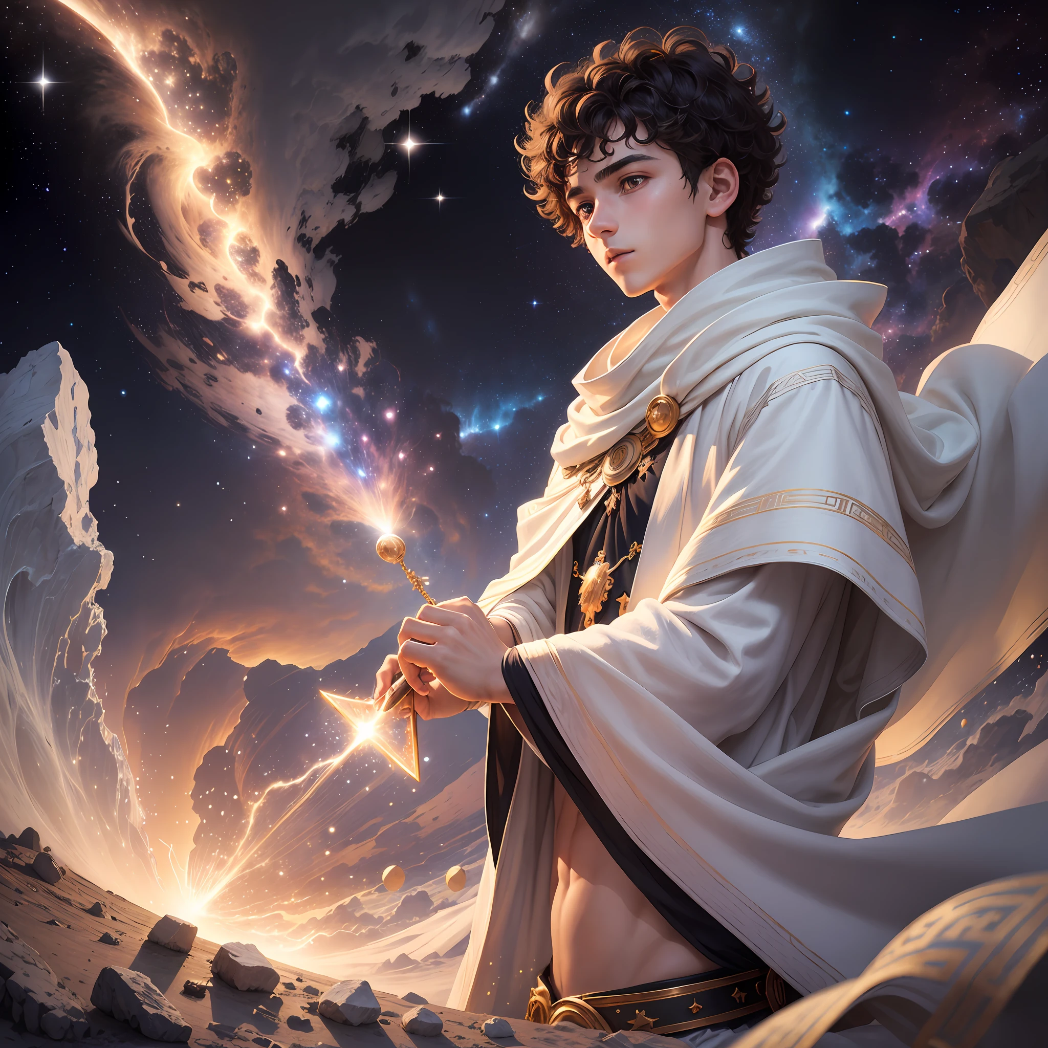a 17-year-old teenage boy, ((1boy)), ancient Greece, white cloak over shoulder, short hair, short light hair, short curly hair, short curly man hair with locks, bright eyes, greek clothing, creation of the universe, infinite length of the universe, endless galaxies, black holes, exploding super novas, floating stars, star nebulas
