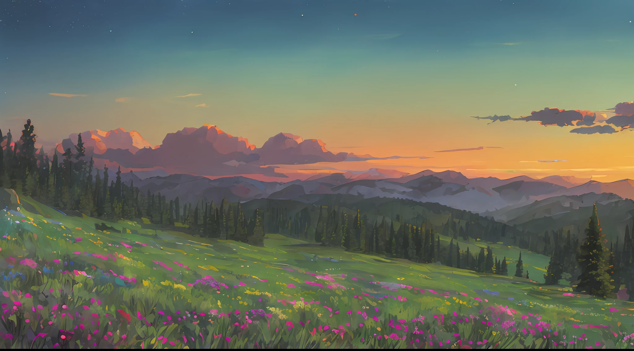 In the mountains and forests, a clearing, dusk and sunset, meadows,