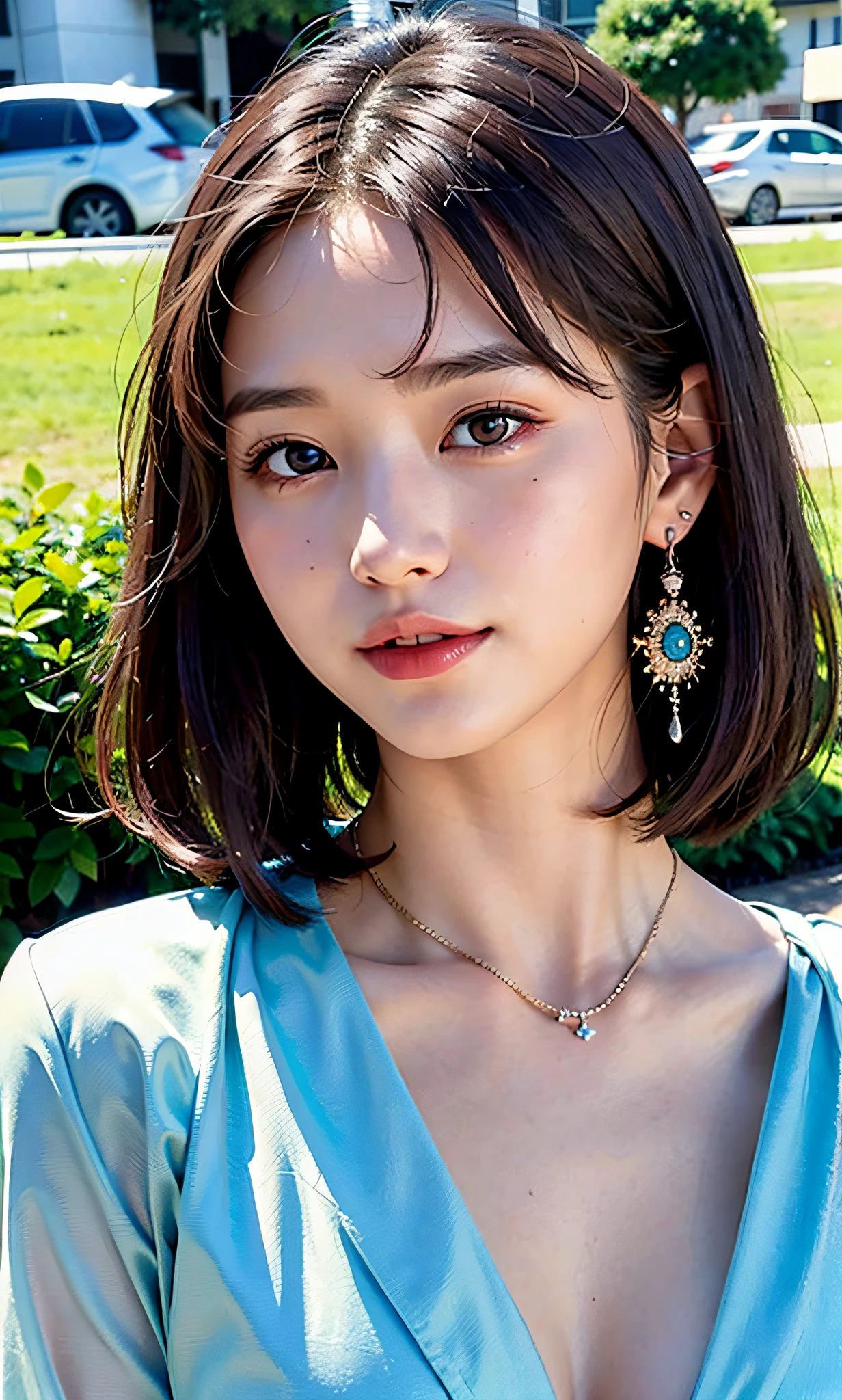 ulzzang-6500-v1.1, (8k, RAW photos, top quality, masterpiece: 1.2), (realistic, photorealistic: 1.37), ultra detailed, one girl, cute, in front of the car, alone, beautiful detailed sky, (nose blush), (smile: 1.1),(closed mouth)midchest,beautiful detailed eyes,jewelry, earrings, dress, looking viewer, cosplay, brown eyes,(short hair: 1.2), Floating hair