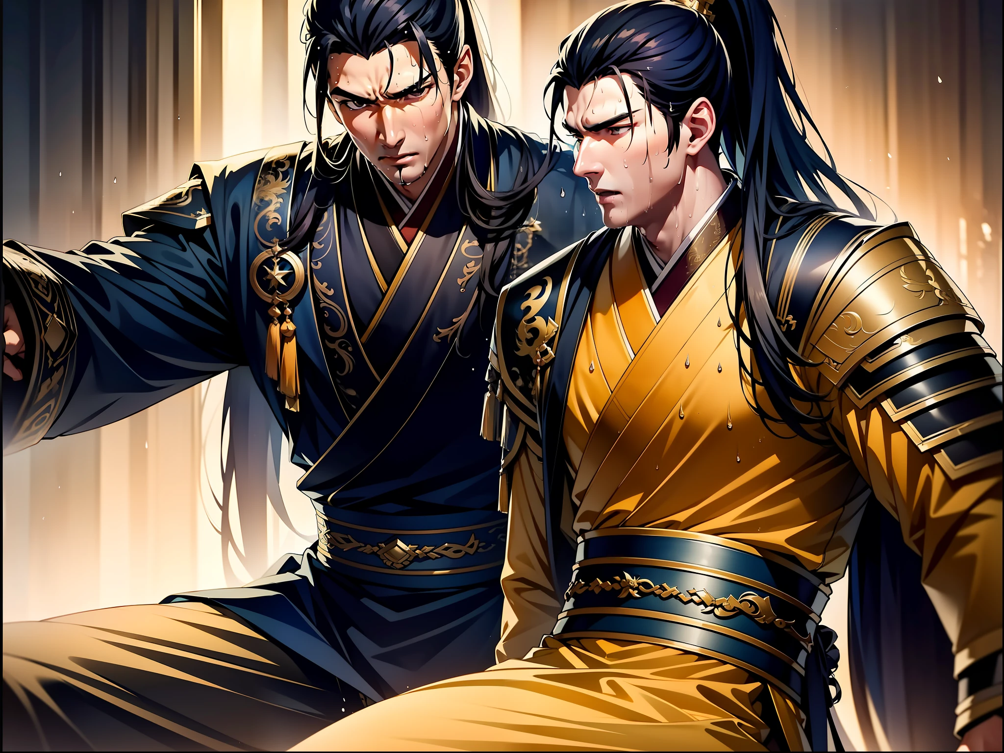Two-dimensional, anime style, man (male warrior), muscle, correct proportions, face details, martial arts, high ponytail hairstyle, sweating, sweaty face, drooling, neck details, with Adam's apple, wet, wet, Hanfu costume, long robe, embroidered robe, dragon robe, clothing details, collar, long sleeves, game quality, swordsman demeanor, light and shadow tracing, ray tracing, detail glow, CG rendering, hair details, long black hair, golden eyes, sweaty face, handsome, handsome, sweat beads slipping down the neck, (juvenile feeling), complex clothing, wet, wet, perfect composition, refinement, high quality, more details, a lot of details, complex background, atmosphere,