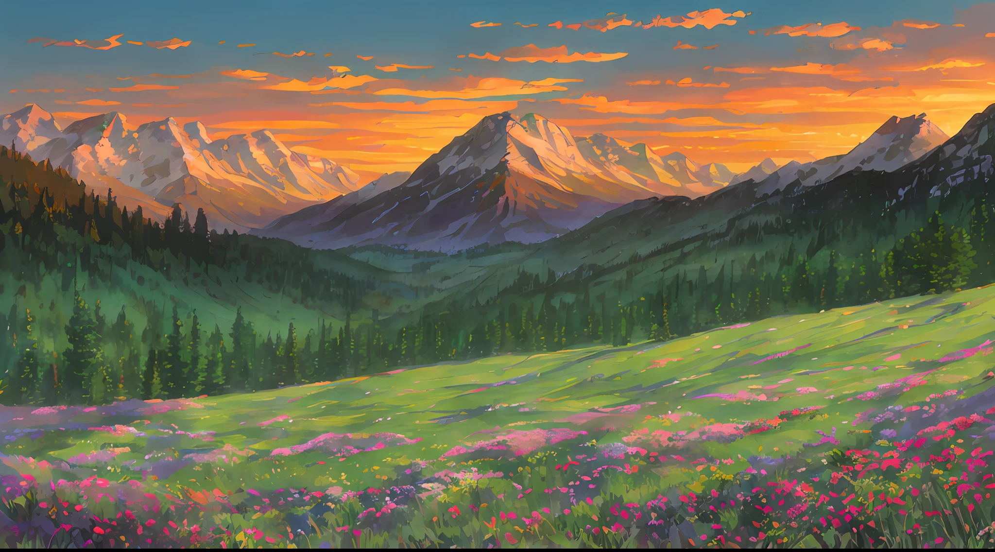 In the mountains and forests, a clearing, dusk and sunset, meadows,